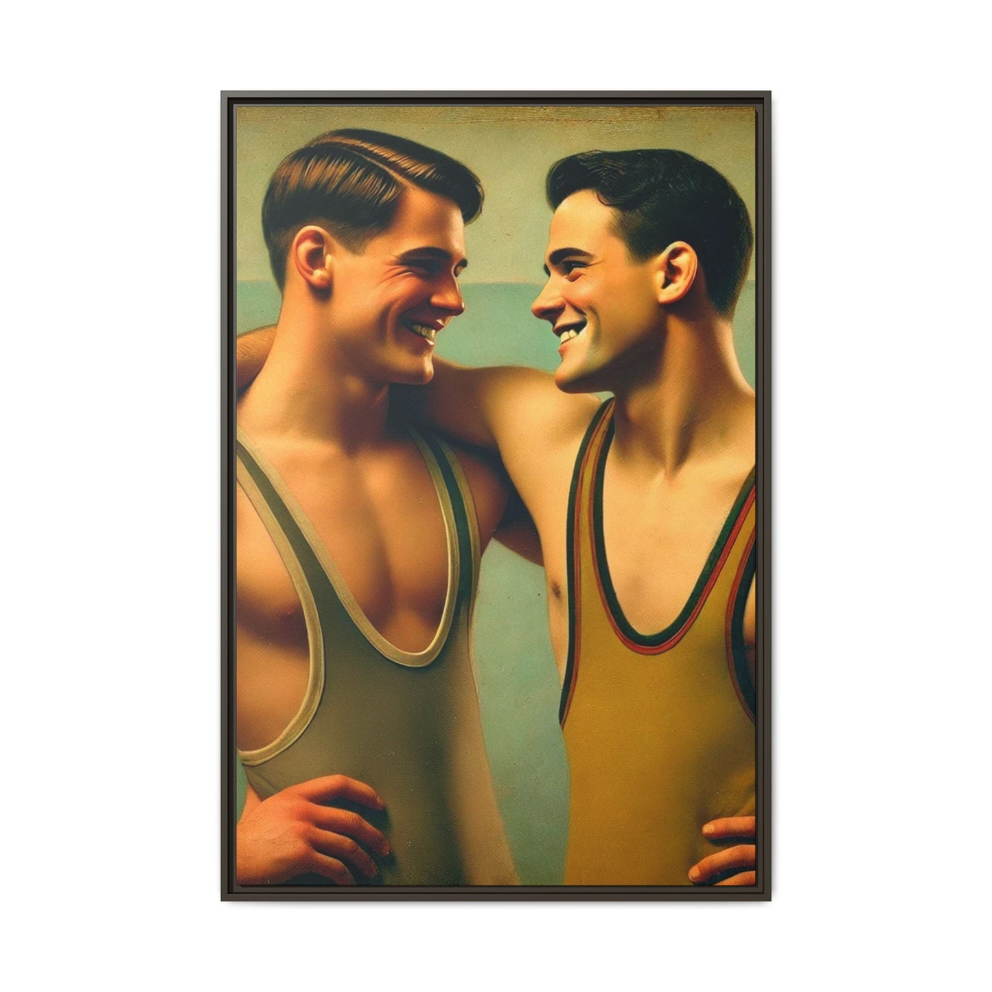 Framed artwork of two young wrestlers in vintage singlets sharing a candid moment, inspired by Grant Wood's Regionalist art style.