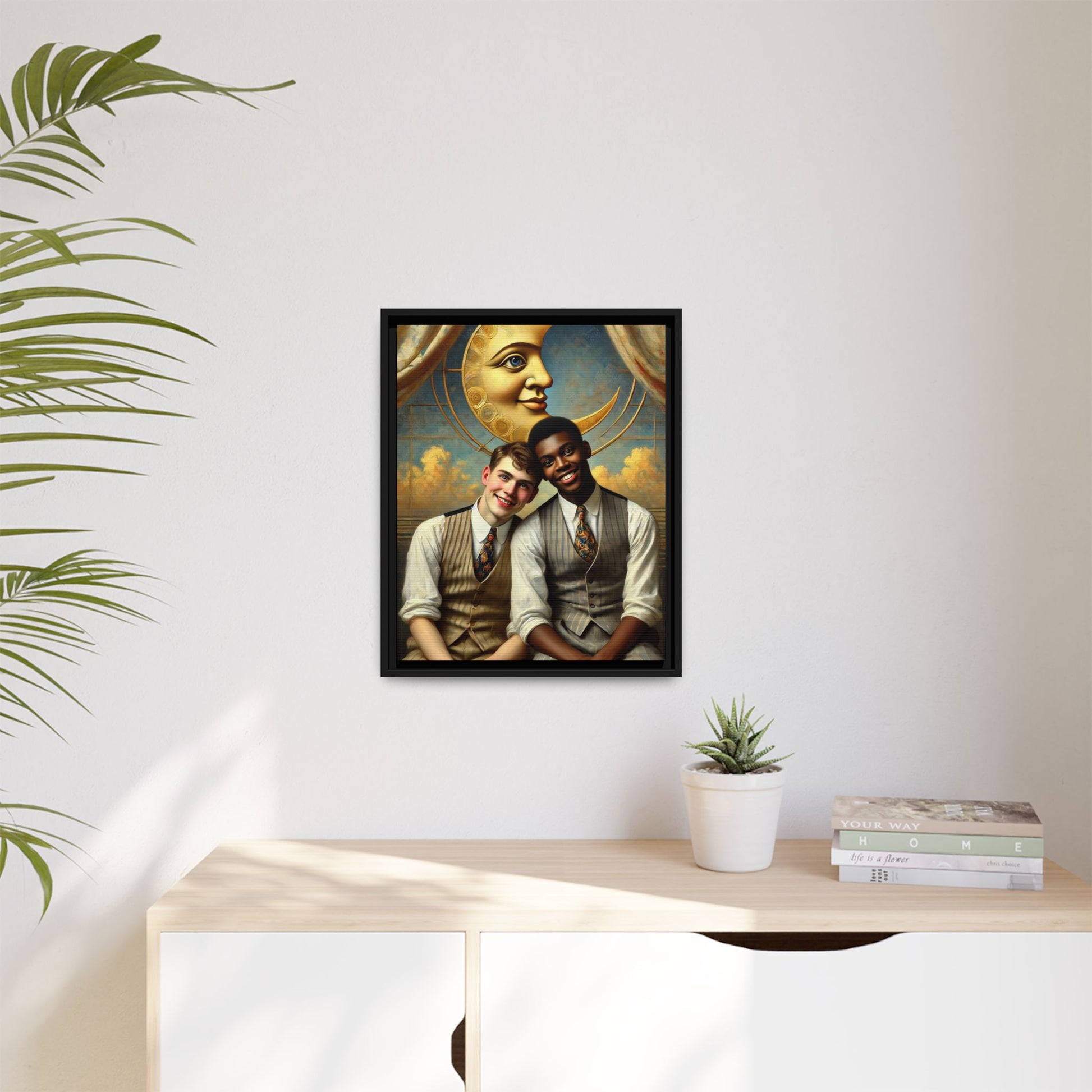 A vintage-style artwork showing a young interracial gay couple in 1920s attire sitting beneath a golden crescent moon with a serene expression. Their joyful closeness reclaims erased queer history and reflects the beauty of interracial love through a lens of tenderness and celebration.