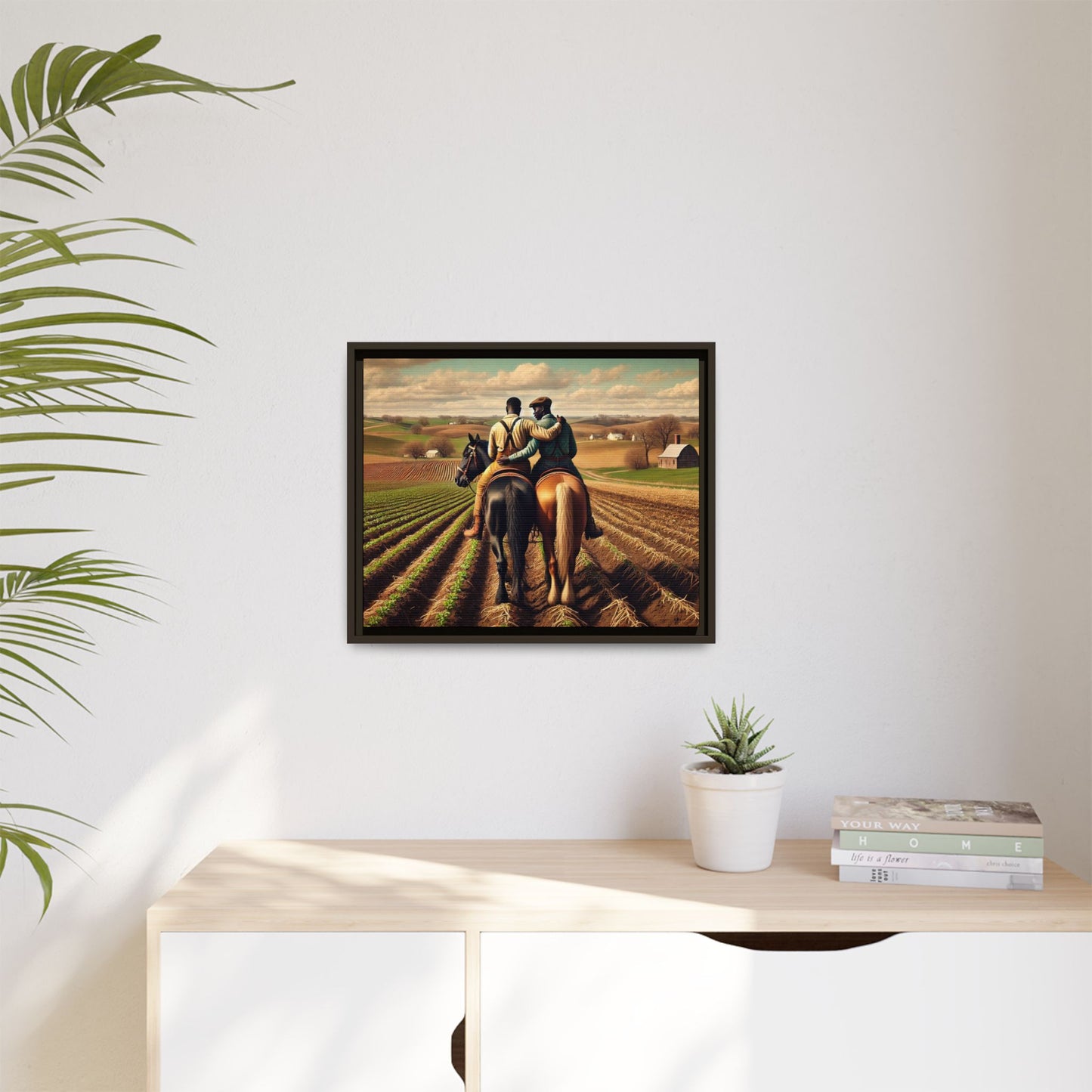 Artwork of an African-American gay couple riding horseback through expansive farmland, sharing a tender moment as they overlook lush fields. Dressed in rugged vintage attire, this scene captures resilience, love, and the charm of rural life, celebrating LGBTQ+ history and African-American heritage.