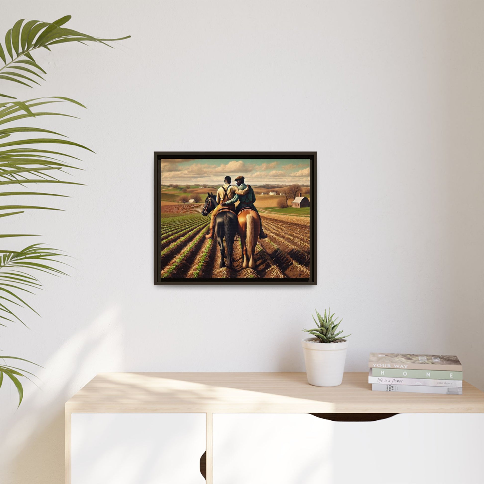 Artwork of an African-American gay couple riding horseback through expansive farmland, sharing a tender moment as they overlook lush fields. Dressed in rugged vintage attire, this scene captures resilience, love, and the charm of rural life, celebrating LGBTQ+ history and African-American heritage.