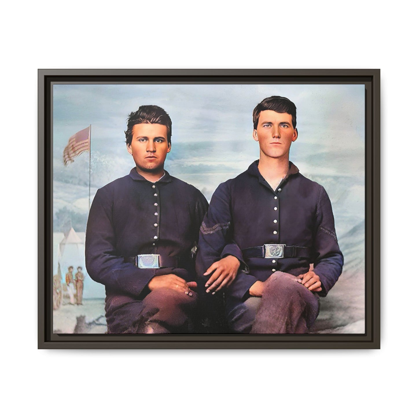 A framed vintage Civil War photo on matte canvas featuring two Union soldiers at Camp Curtin, honoring military history. Gay Couple