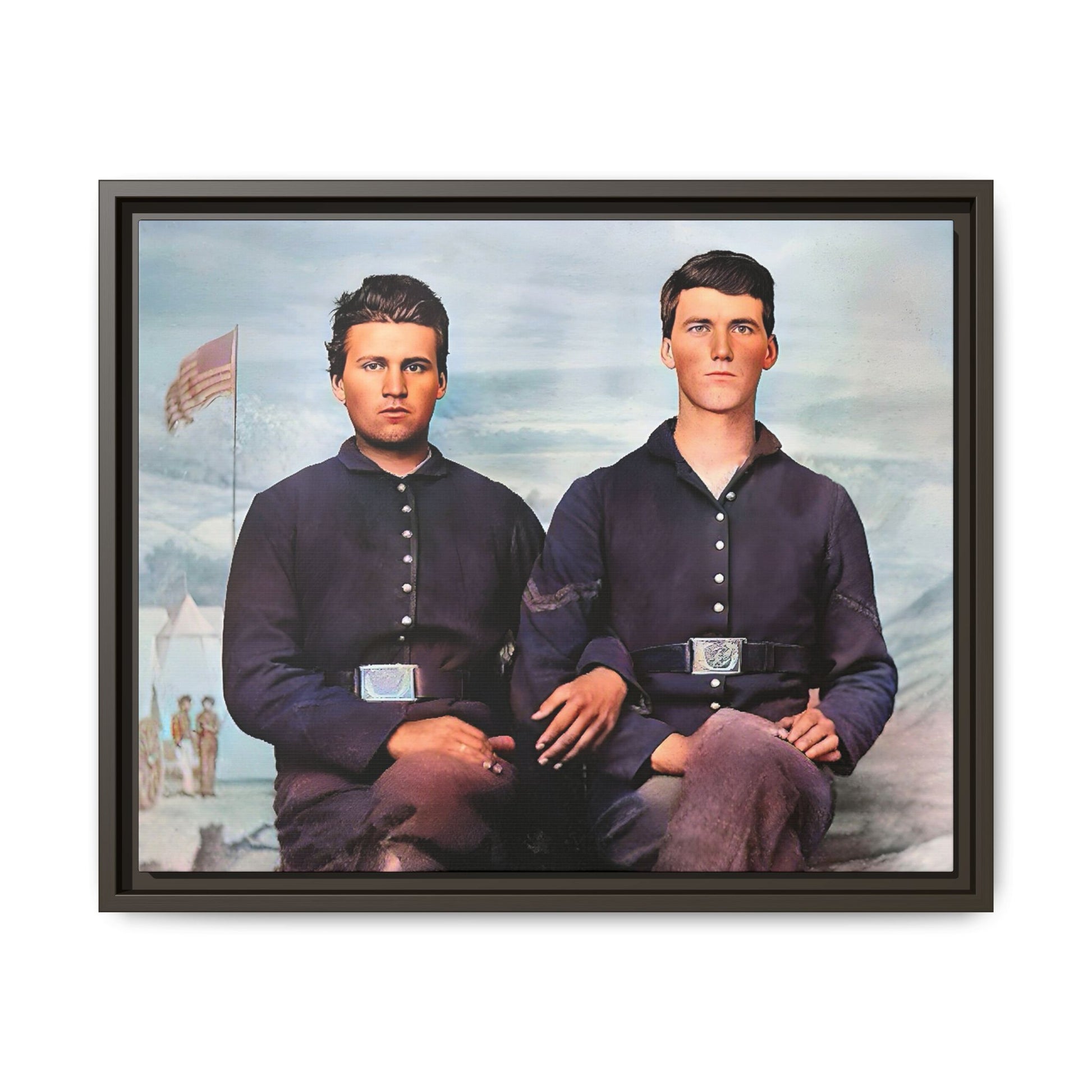 A framed vintage Civil War photo on matte canvas featuring two Union soldiers at Camp Curtin, honoring military history. Gay Couple
