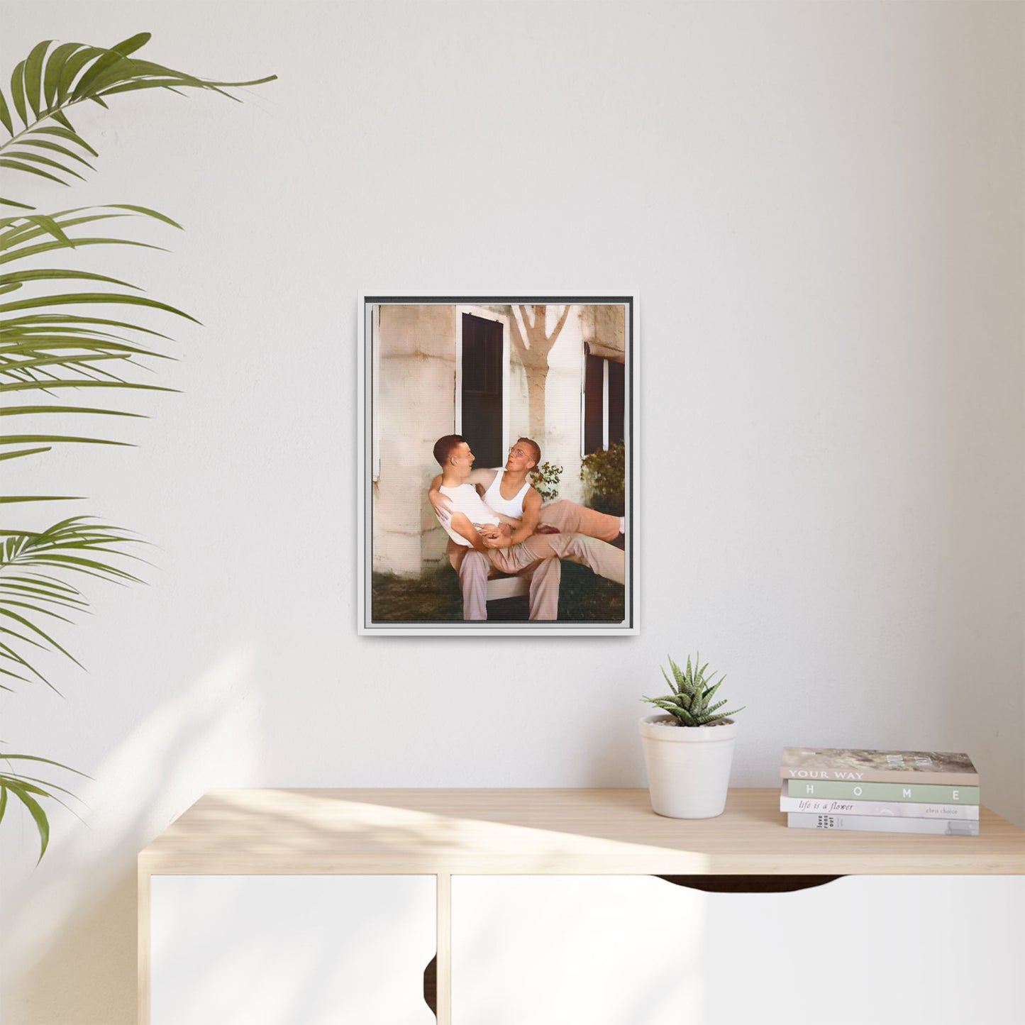 A vintage photograph of Donald and Joseph, two men embracing with joy in 1930s New Orleans. Captured in warm sunlight against a rustic Louisiana home, this intimate portrait celebrates LGBTQ+ history, love, and the beauty of unspoken connection. Gay Couple
