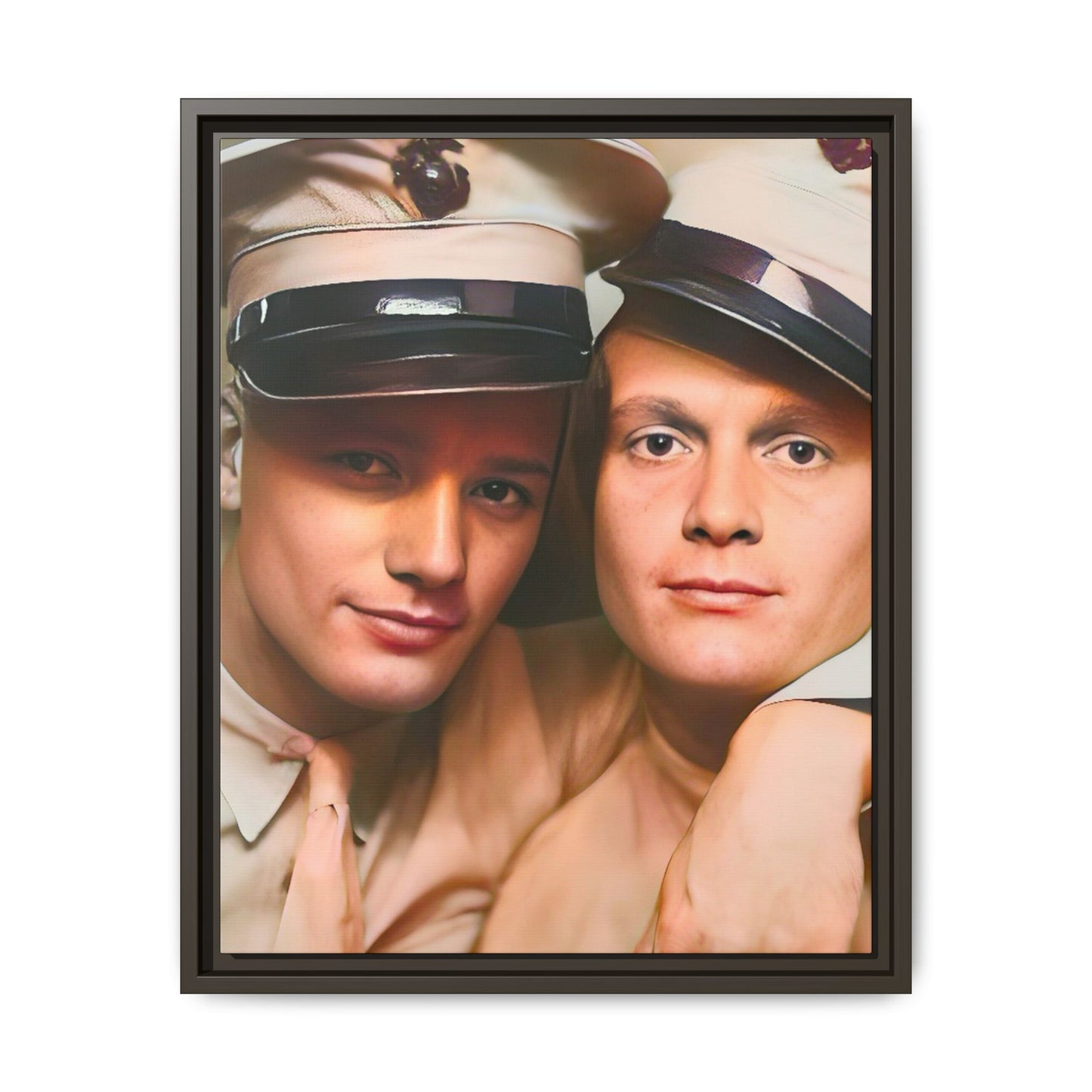 Restored vintage photograph of Paul and Ralph, an early 20th-century LGBTQ+ military couple from Camp Atterbury, Indiana. Framed matte canvas print celebrating love, courage, and LGBTQ+ history. Gay Couple Photo Booth