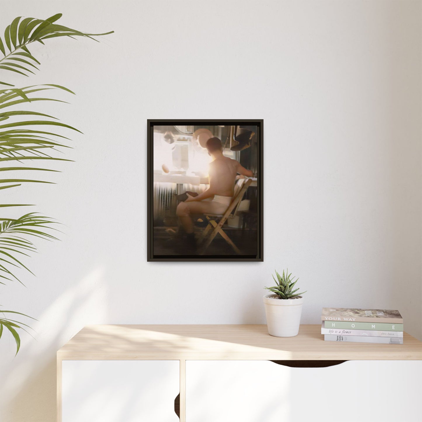 A vintage Hollywood portrait of Hugh in a backstage dressing room. This framed canvas print captures the elegance and mystique of old Hollywood, making it the perfect cinematic decor for film lovers and vintage photography collectors.