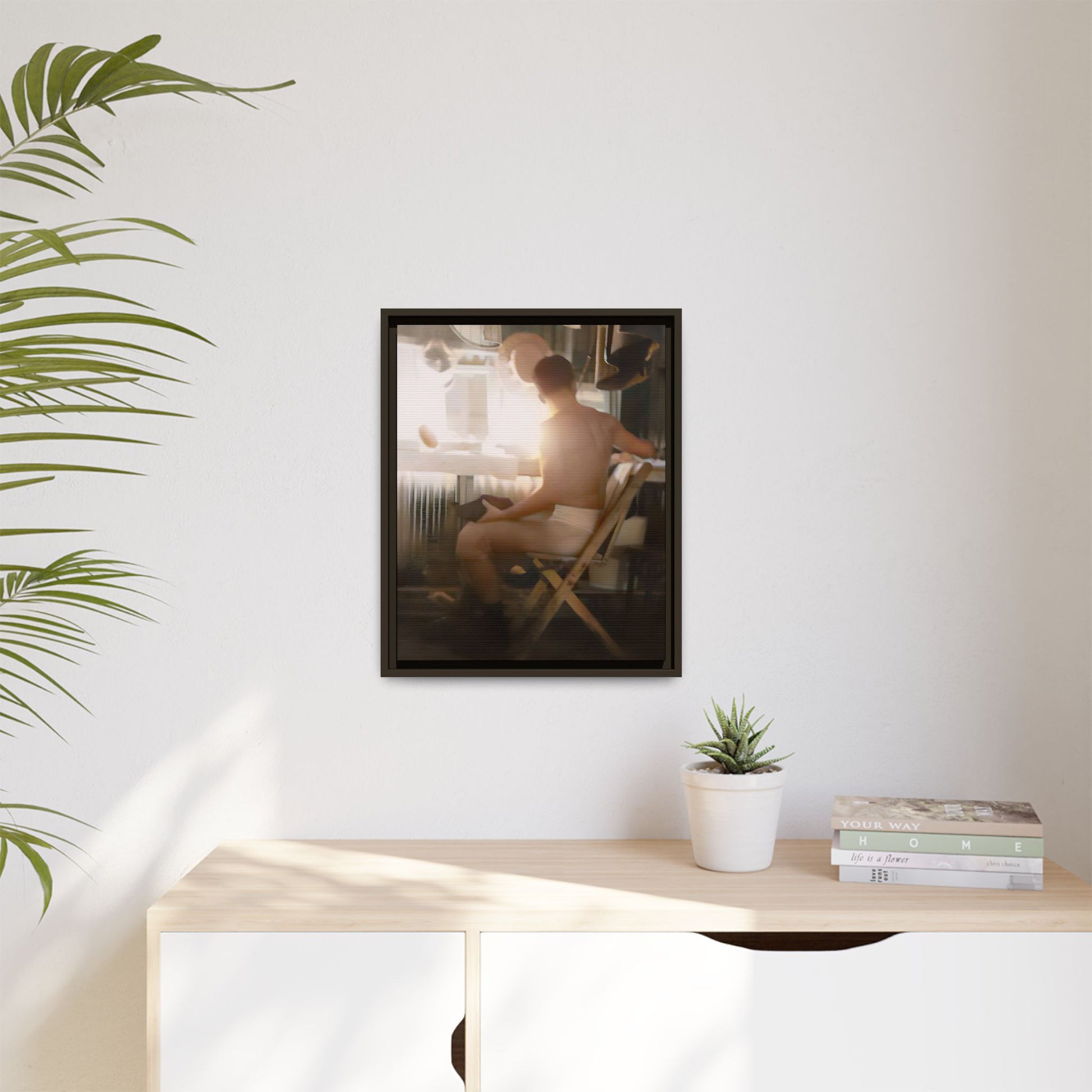A vintage Hollywood portrait of Hugh in a backstage dressing room. This framed canvas print captures the elegance and mystique of old Hollywood, making it the perfect cinematic decor for film lovers and vintage photography collectors.