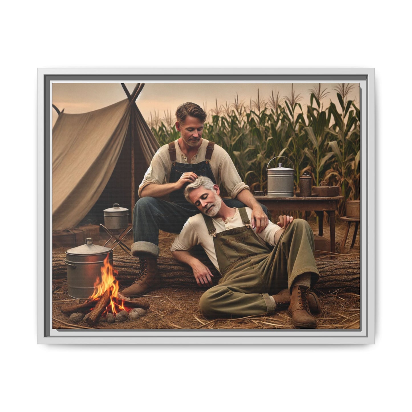 Older queer couple sharing a tender moment by the campfire, celebrating love