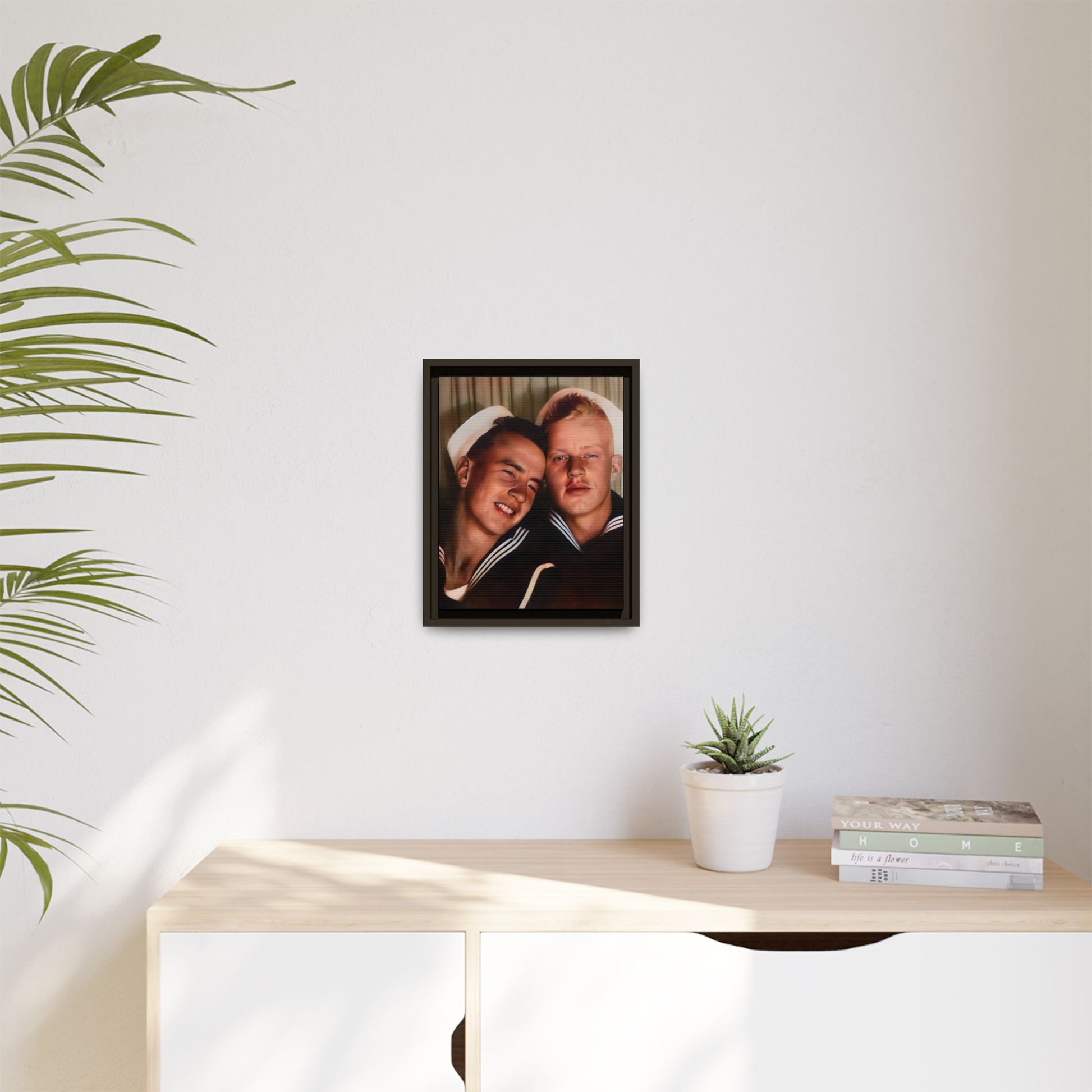 A framed vintage sailor portrait on matte canvas featuring Ray and Clyde in Newport, Rhode Island, capturing timeless LGBTQ+ love and companionship. Gay Couple Photo Booth