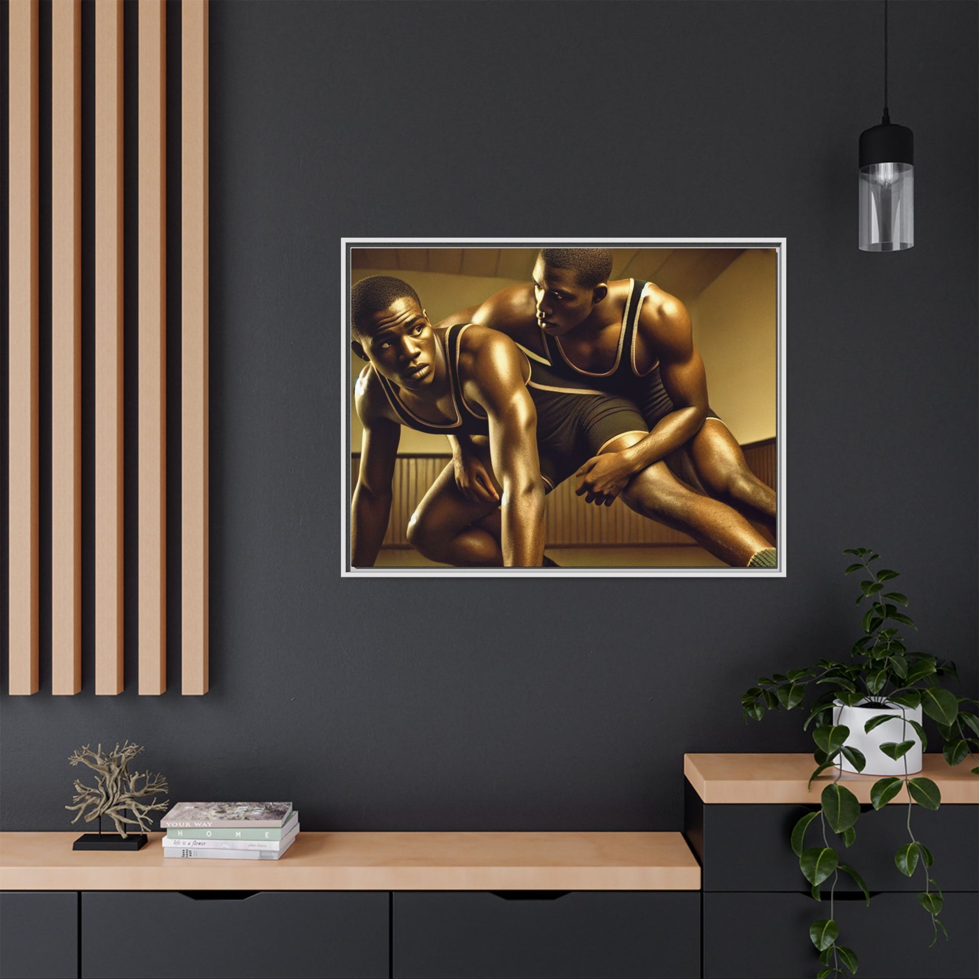 Framed artwork inspired by Grant Wood, showcasing African-American wrestlers in a vintage gymnasium setting. A powerful tribute to teamwork, resilience, and regionalist art.