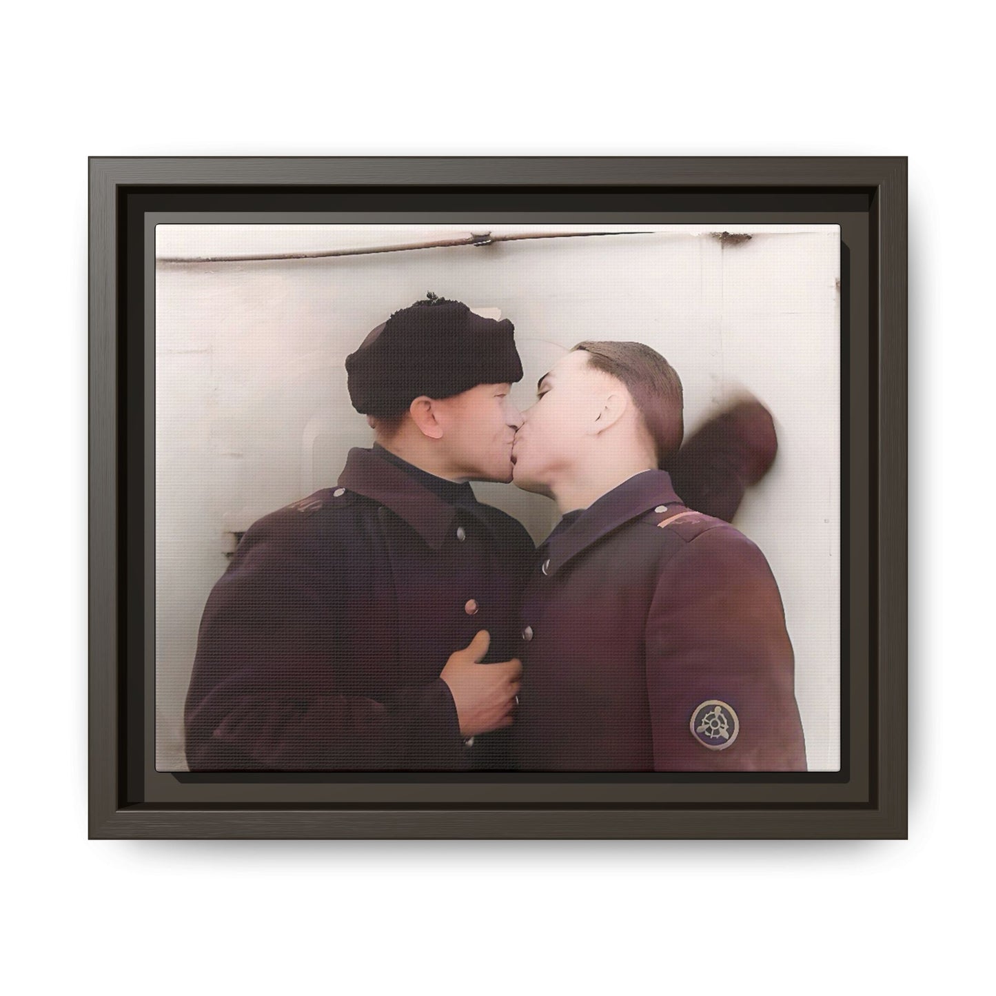 A restored vintage photograph of two Russian soldiers in uniform sharing an intimate moment at a military outpost in Surgut, Russia. Their embrace reflects resilience, love, and defiance against societal norms, making this a powerful tribute to LGBTQ+ history and wartime romance. Винтажное фото | гей-пара
