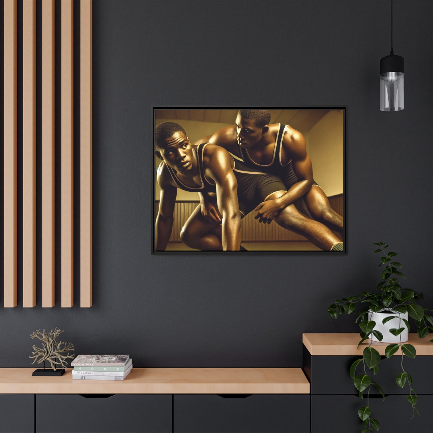 Framed artwork inspired by Grant Wood, showcasing African-American wrestlers in a vintage gymnasium setting. A powerful tribute to teamwork, resilience, and regionalist art.