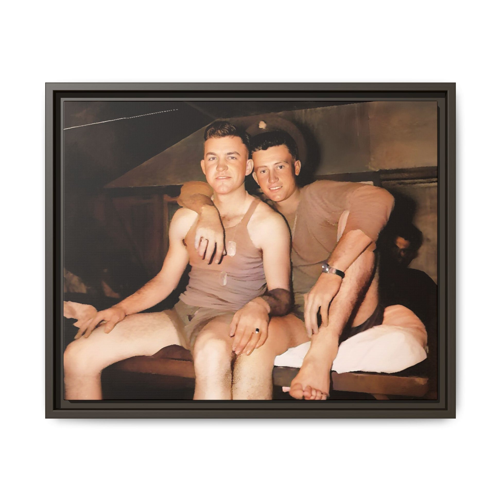 Barracks, Oahu. This framed canvas print honors LGBTQ+ history, military camaraderie, and timeless love, making it a unique and meaningful piece for collectors and history enthusiasts.