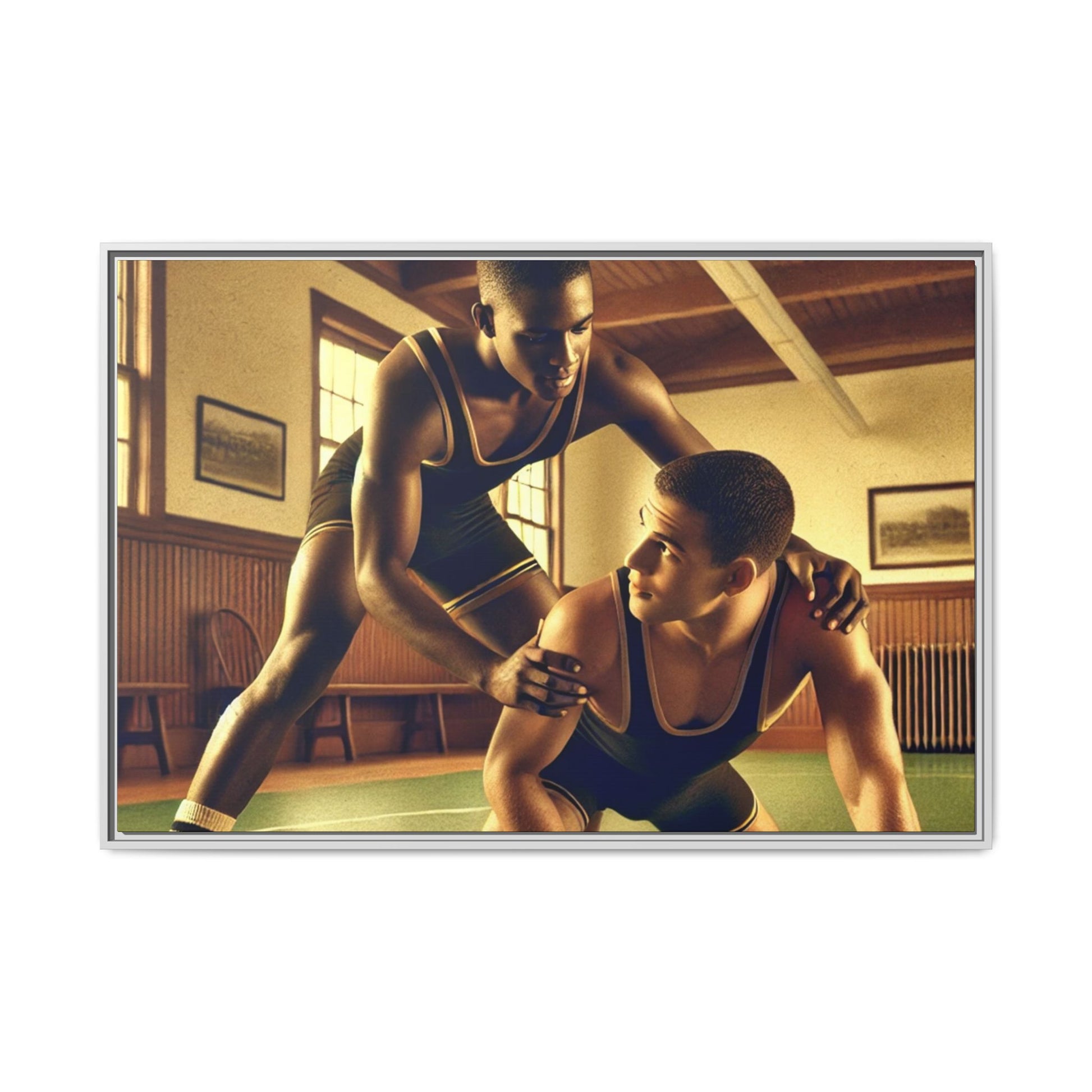 Framed canvas artwork inspired by Grant Wood featuring African-American and European-American wrestlers in a vintage gymnasium. A tribute to unity, diversity, and regionalist art.