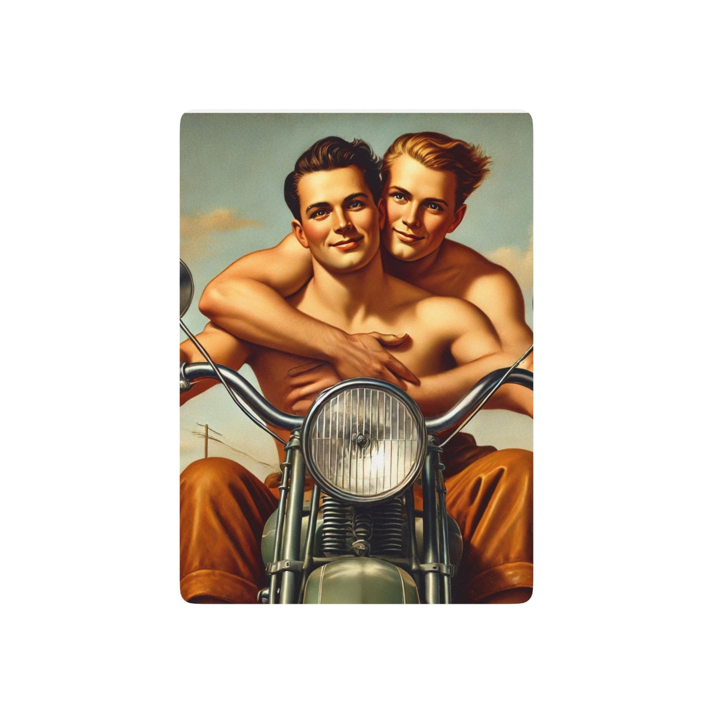 Vintage-style poker cards featuring a Grant Wood-inspired illustration of two men on a motorcycle, symbolizing queer history and freedom.