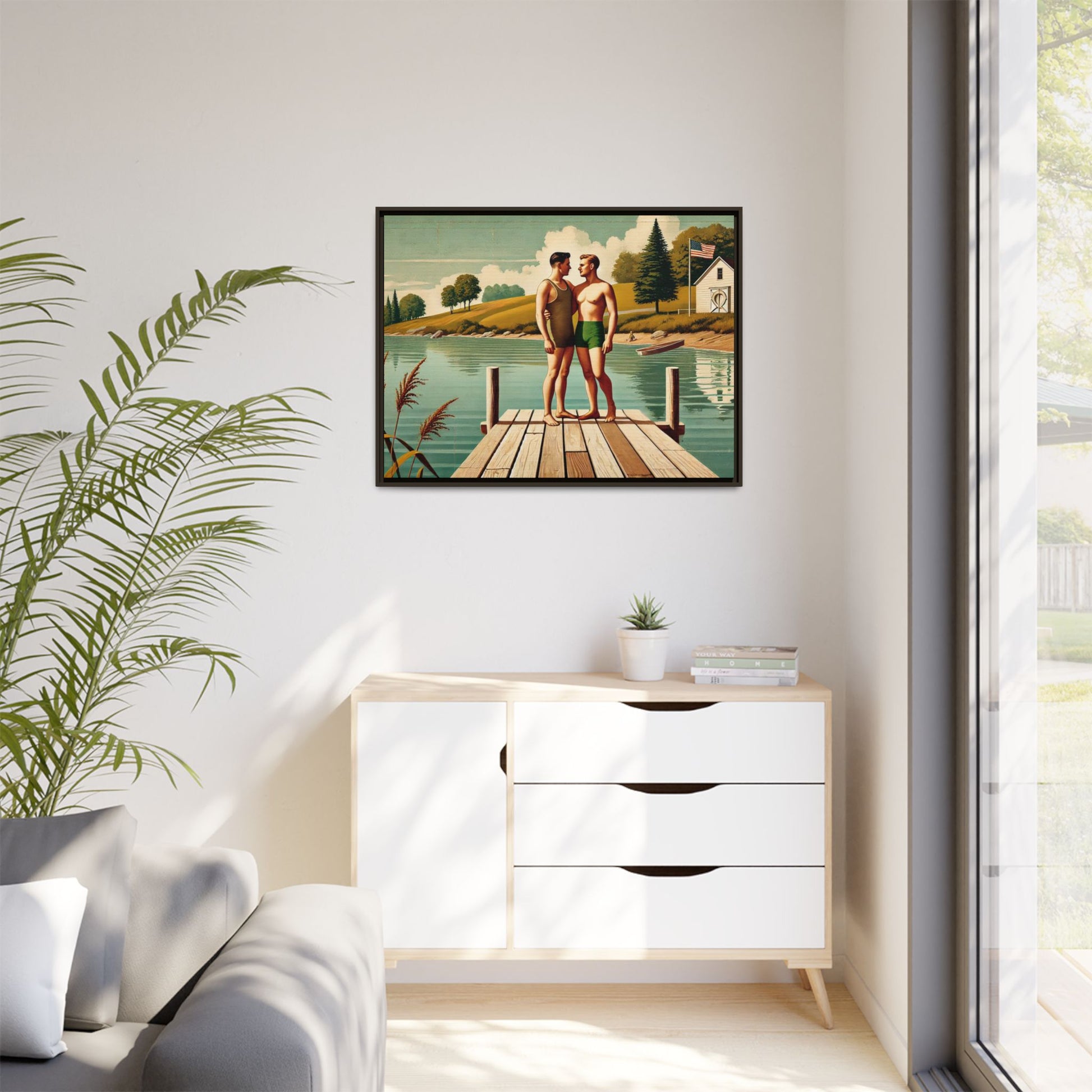 Framed artwork of a gay couple sharing a tender moment on a wooden dock by a peaceful lake, dressed in vintage swimwear. Set against rolling hills and a lakeside cabin, this nostalgic scene honors LGBTQ+ love in a serene Midwestern summer setting.