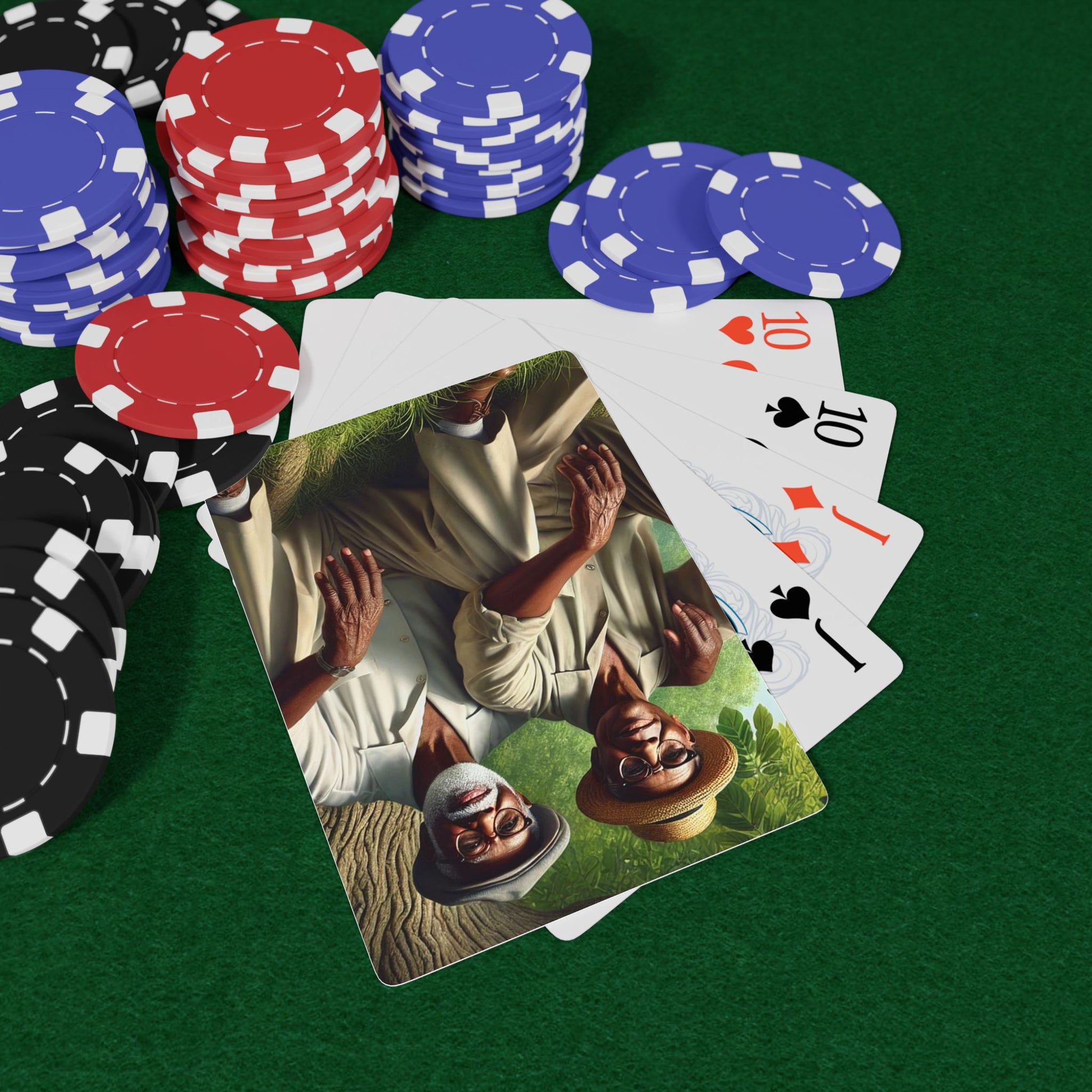 Queer Black elders, 1920s rural Iowa, Grant Wood-inspired art, vintage poker deck, LGBTQ+ love and history.