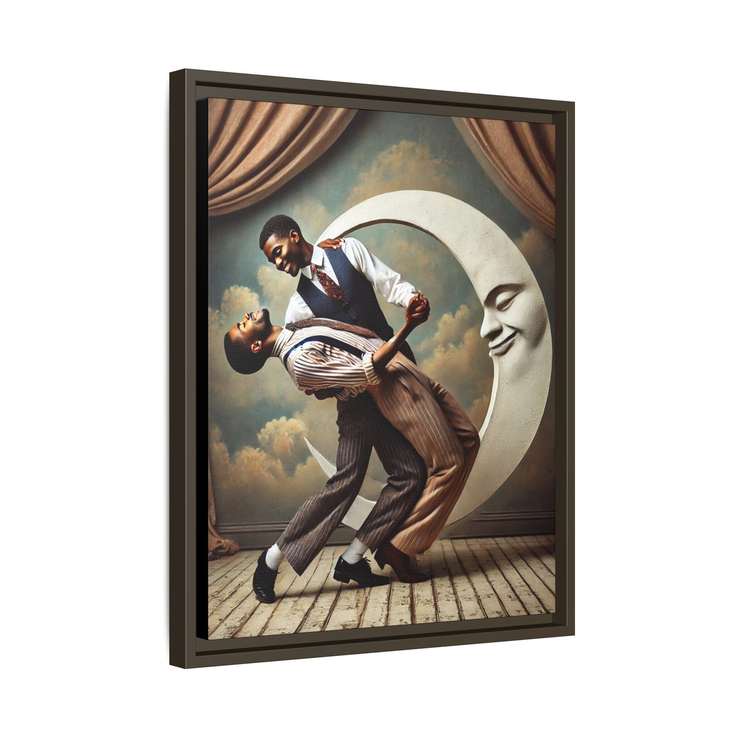 Framed artwork of two Black men in vintage suits dancing tenderly beneath a crescent moon with a smiling face. A romantic 1920s-inspired scene with velvet curtains and a painted sky backdrop. Part of a collection reclaiming lost queer Black history and art.