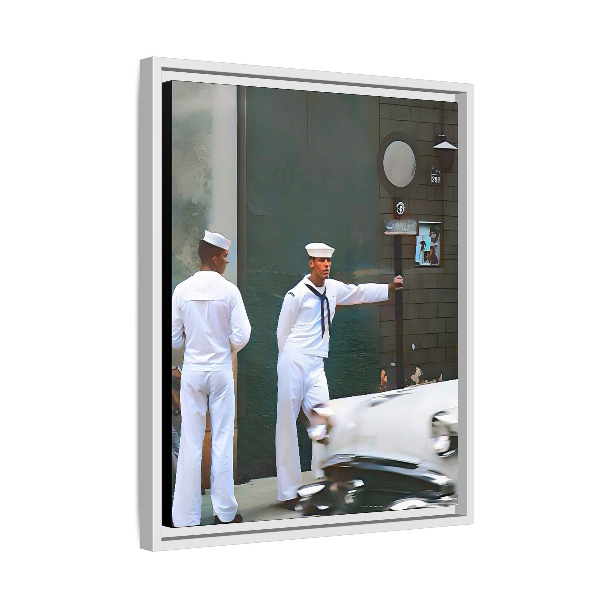 A restored vintage portrait of two sailors in Boystown, Northalsted, Chicago. This framed matte canvas celebrates LGBTQ+ history, urban charm, and community pride.