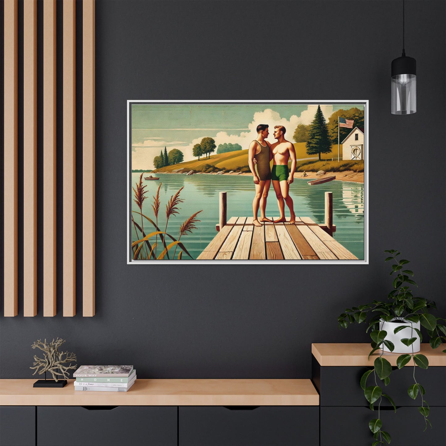 Framed artwork of a gay couple sharing a tender moment on a wooden dock by a peaceful lake, dressed in vintage swimwear. Set against rolling hills and a lakeside cabin, this nostalgic scene honors LGBTQ+ love in a serene Midwestern summer setting.