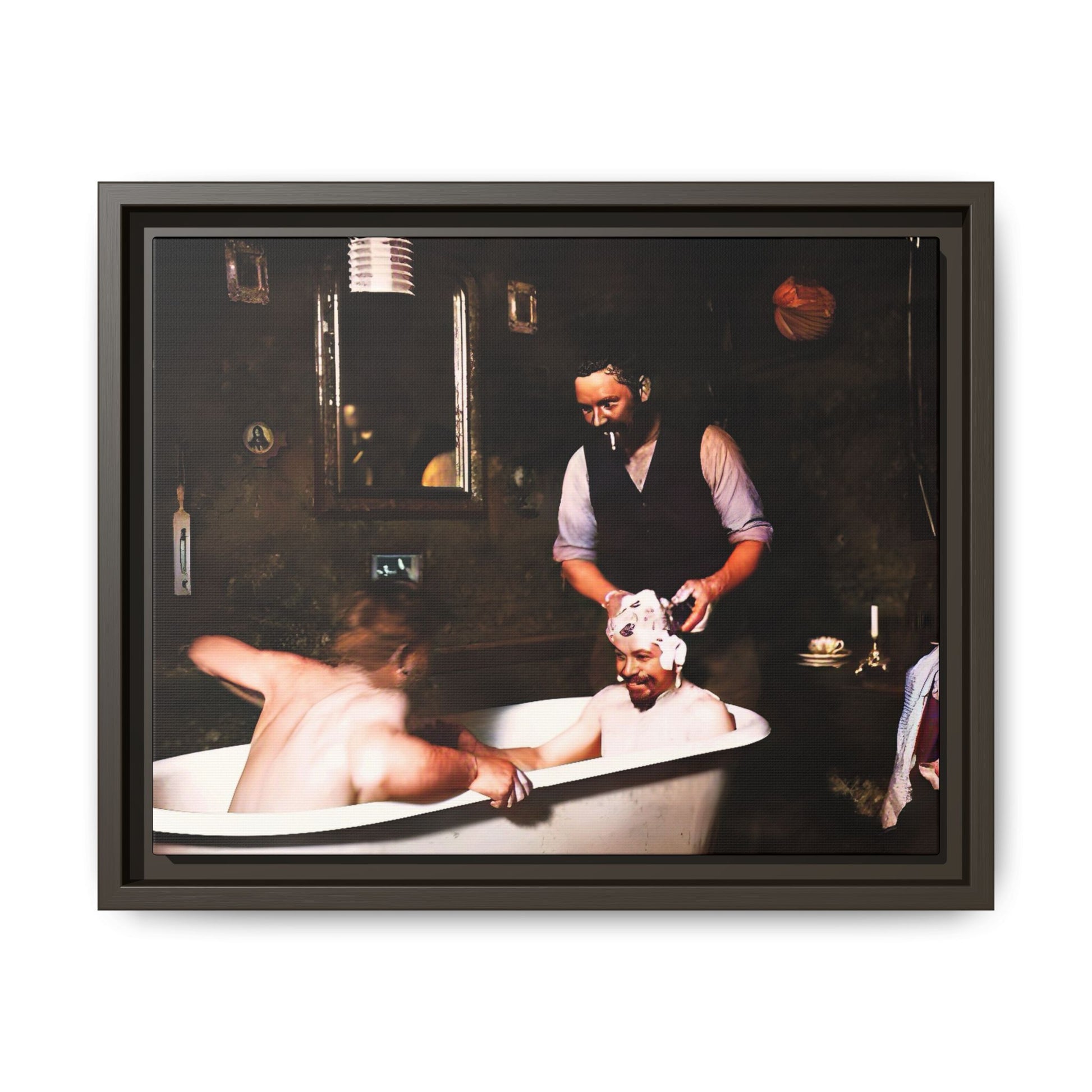 Restored vintage photo of camaraderie at Walsh Depot, Battle Mountain, NV, featuring a clawfoot tub, and framed canvas art. Naked Men in the bathtub. Gay Bears