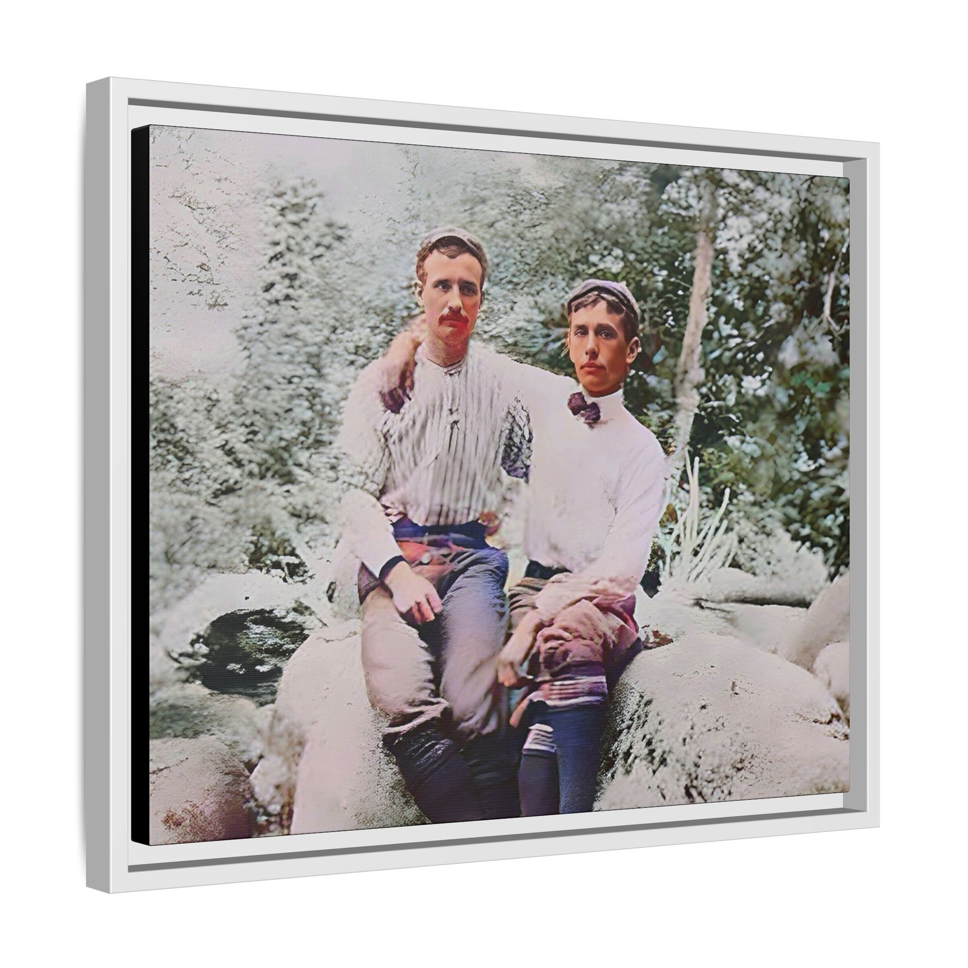 A framed vintage love portrait on matte canvas featuring Grover and Emil in Villamont, Virginia, capturing timeless LGBTQ+ connection and companionship. Gay Couple