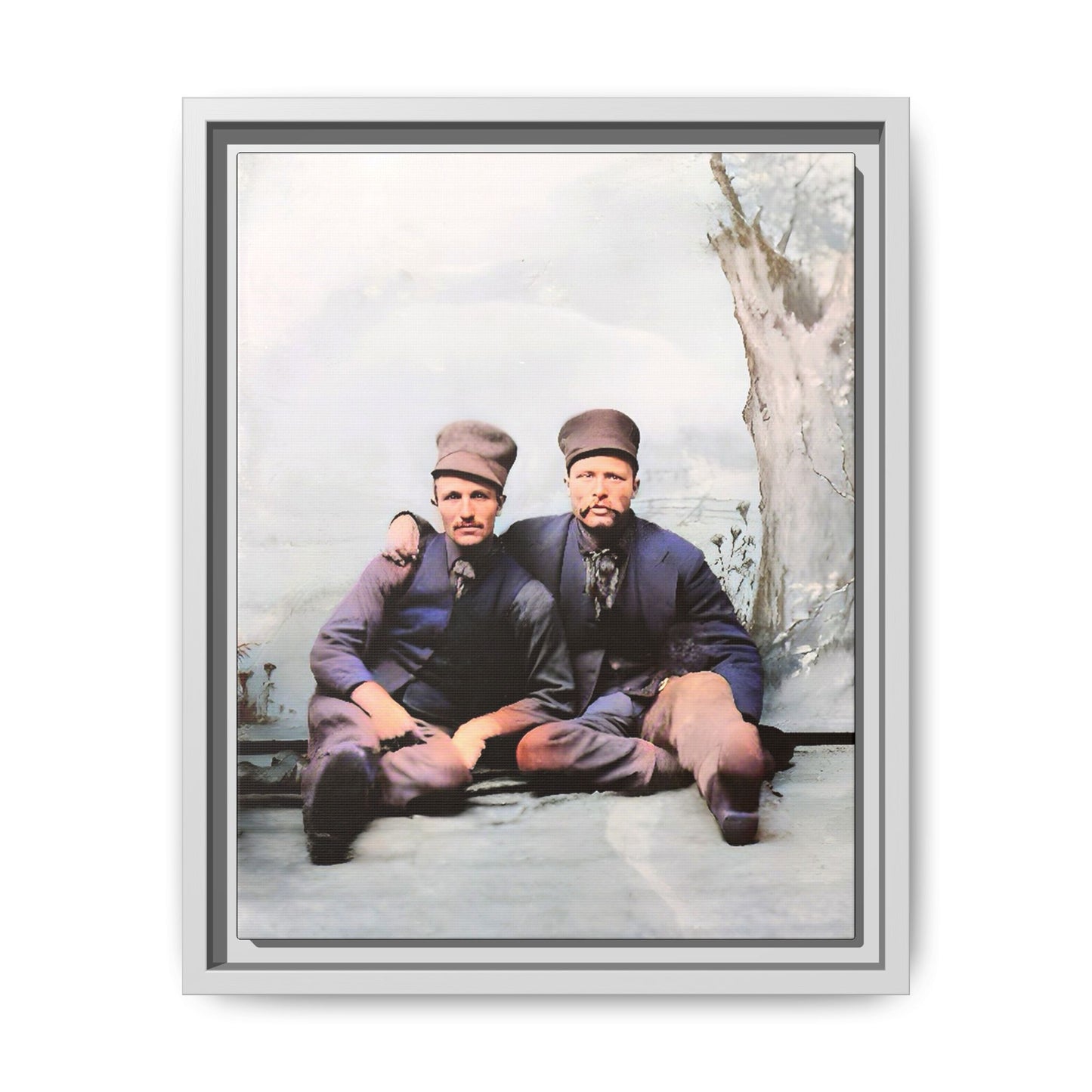 A restored vintage portrait of Stig & Sven, a Dutch American couple in Orange City, Iowa. This framed matte canvas honors LGBTQ+ history, resilience, and love in a winter setting. Gay Couple