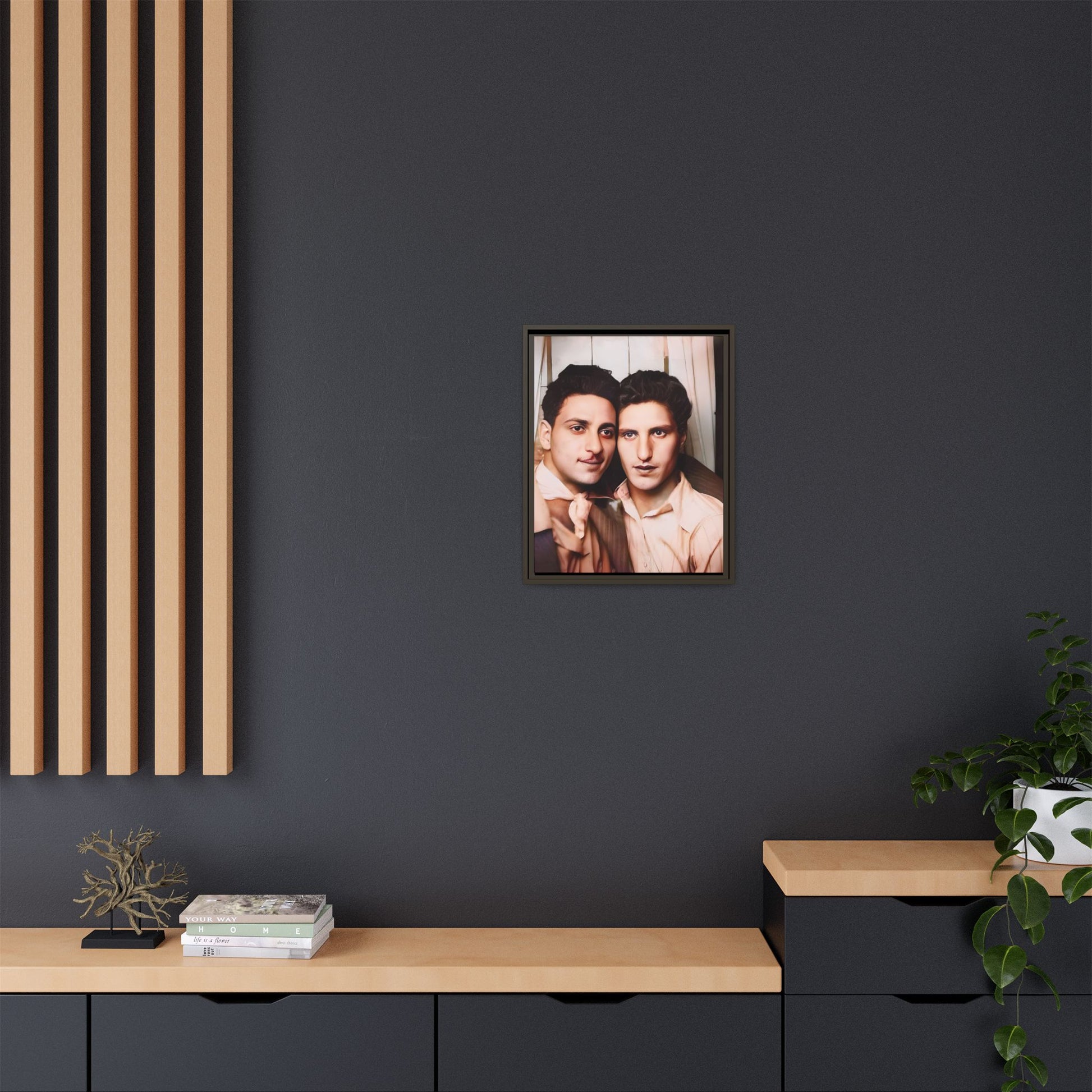 A framed vintage photo booth portrait on matte canvas featuring Juan and Lawrence in Santa Monica, California, capturing timeless LGBTQ+ love and companionship. Gay Couple