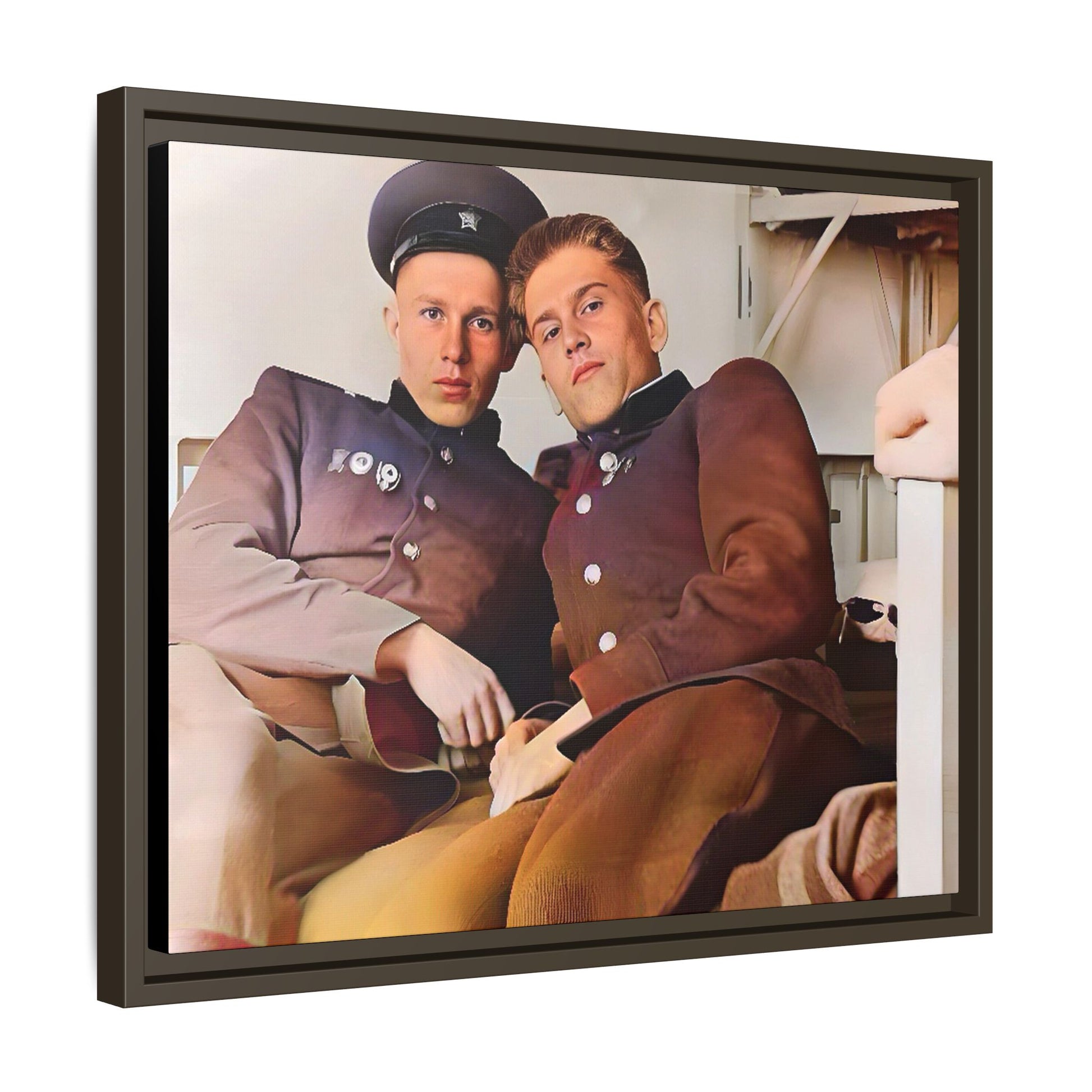 A restored vintage photograph of two Russian soldiers in uniform, seated together in their quarters in Volgograd, Russia. Their relaxed postures and warm expressions capture a moment of camaraderie, resilience, and military history. A powerful tribute to LGBTQ+ representation in the armed forces. Gay Couple Винтажное фото  гей-пара