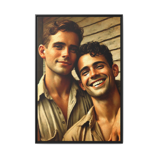 Artwork depicting a joyful moment between a young queer couple, embracing warmth and affection in vintage Americana style. Dressed in casual attire, their expressions radiate happiness and connection, celebrating LGBTQ+ love with a nostalgic, rustic backdrop