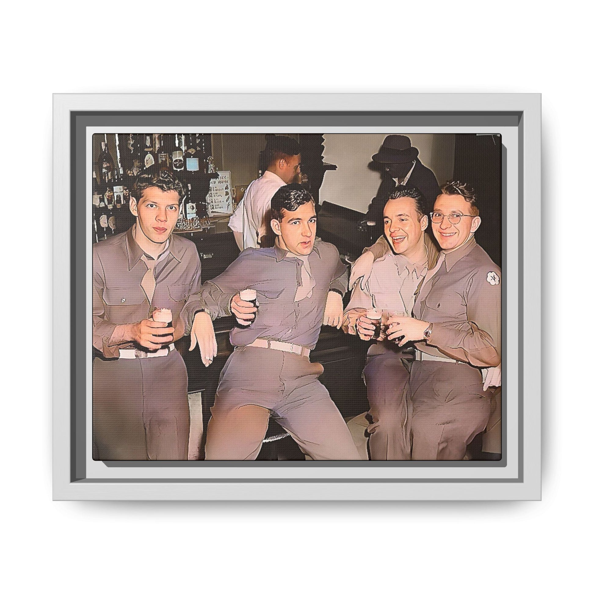 Restored vintage photograph of soldiers in uniform gathered at Jackson's gay bar in mid-20th century San Francisco. Framed matte canvas print celebrating camaraderie, resilience, and LGBTQ+ history