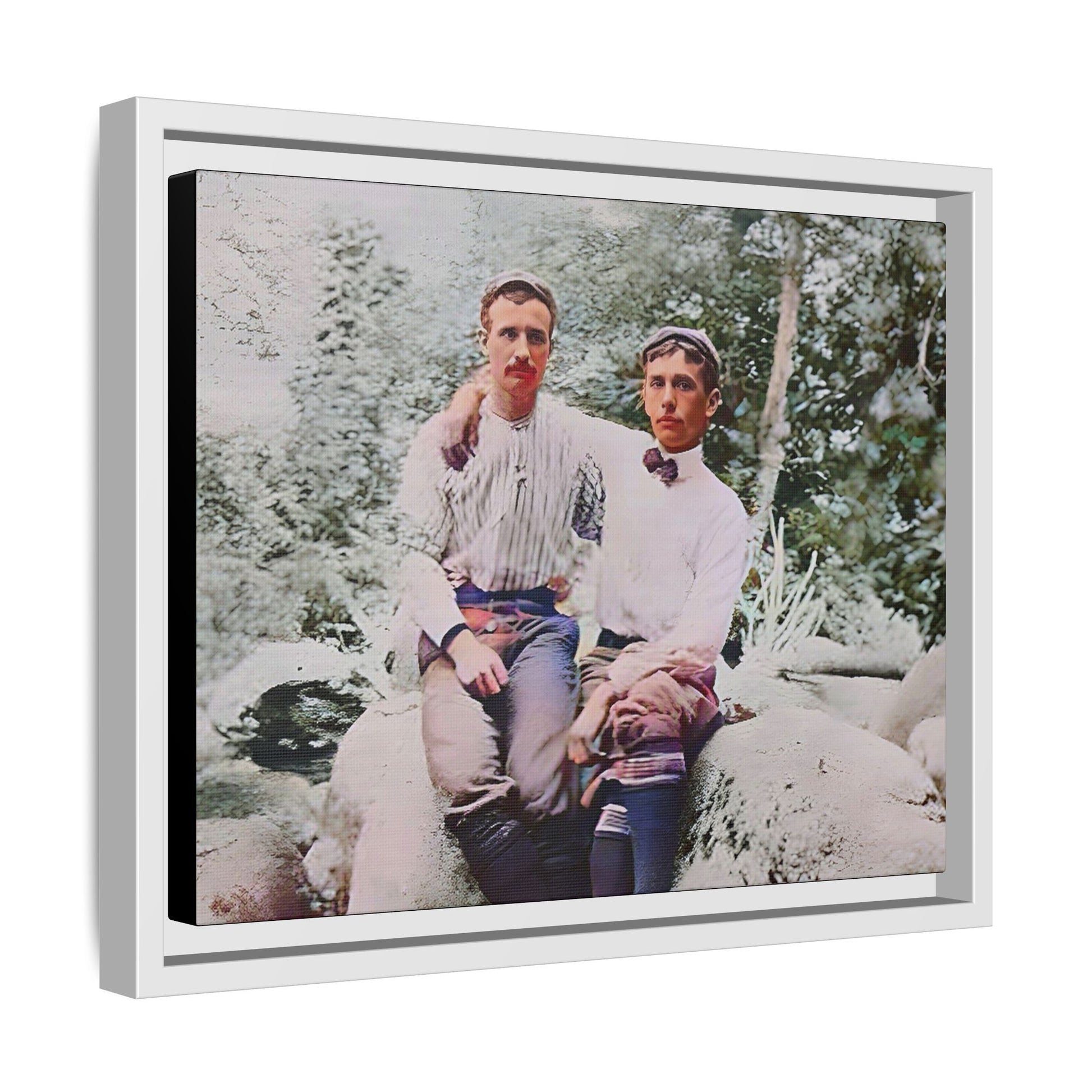 A framed vintage love portrait on matte canvas featuring Grover and Emil in Villamont, Virginia, capturing timeless LGBTQ+ connection and companionship. Gay Couple