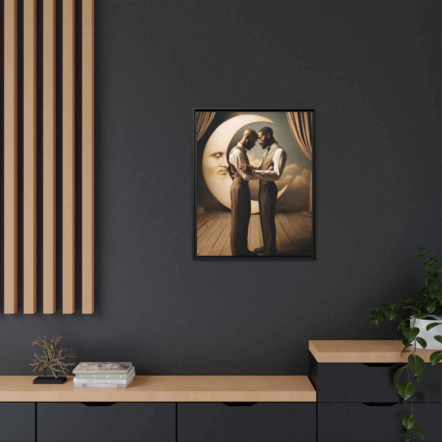 Two Black men in vintage 1920s clothing stand forehead to forehead, embraced beneath a glowing crescent moon. A theatrical scene honoring queer love, memory, and history, reclaiming moments that were never captured due to cultural bias.