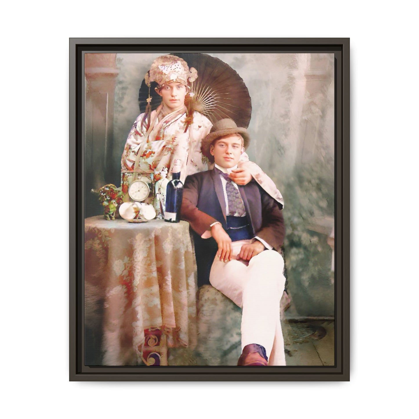 Restored early 1900s vintage photo from Mystic Memphi Carnival in Memphis, Tennessee, featuring elegance and creativity. Framed matte canvas art celebrating individuality and historical charm.  Gay Couple