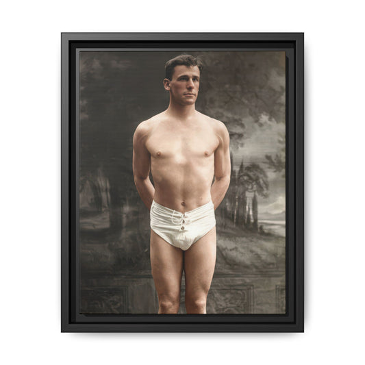Athlétisme 017 vintage athlete portrait in white lace-front trunks on framed canvas wall art
