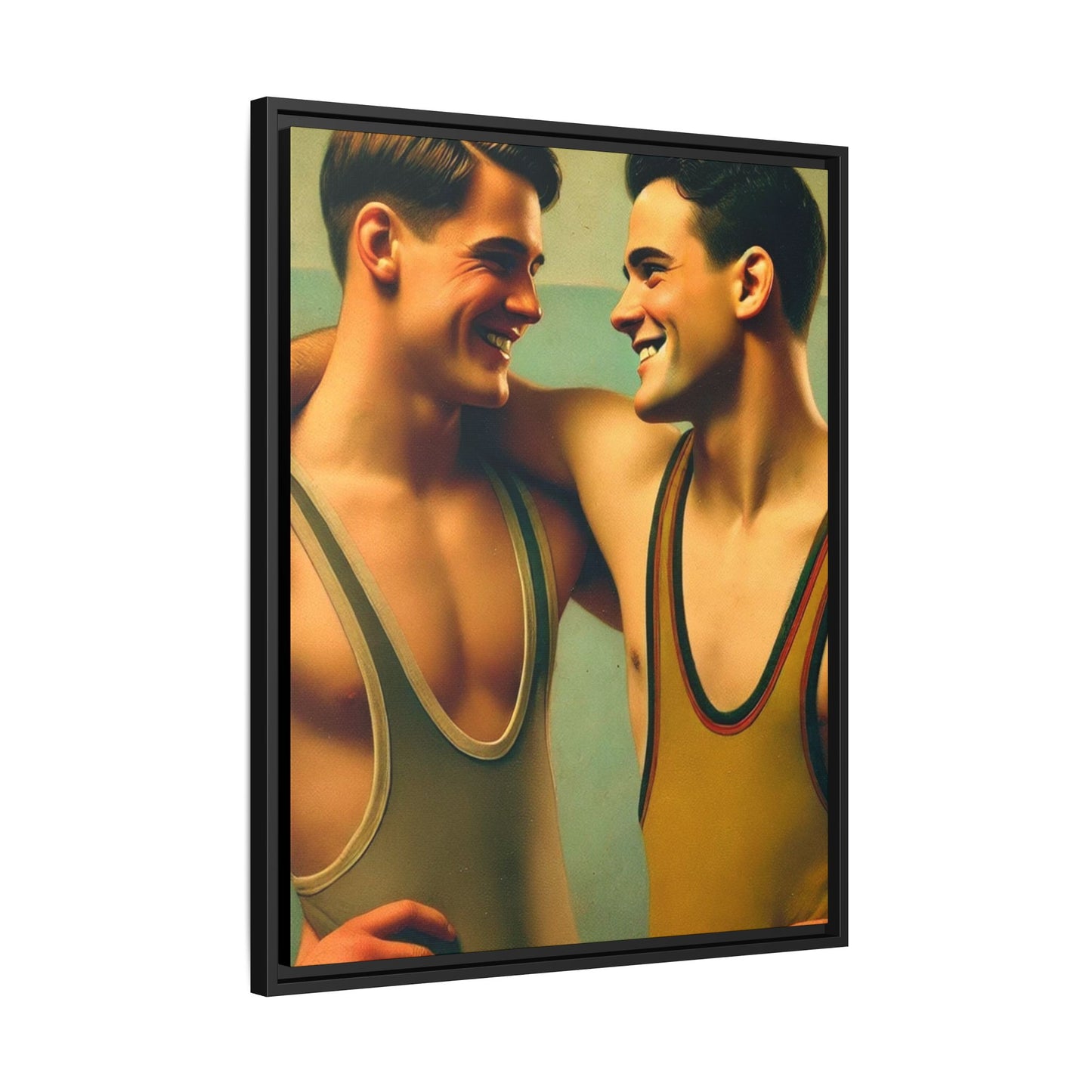 Framed artwork of two young wrestlers in vintage singlets sharing a candid moment, inspired by Grant Wood's Regionalist art style.