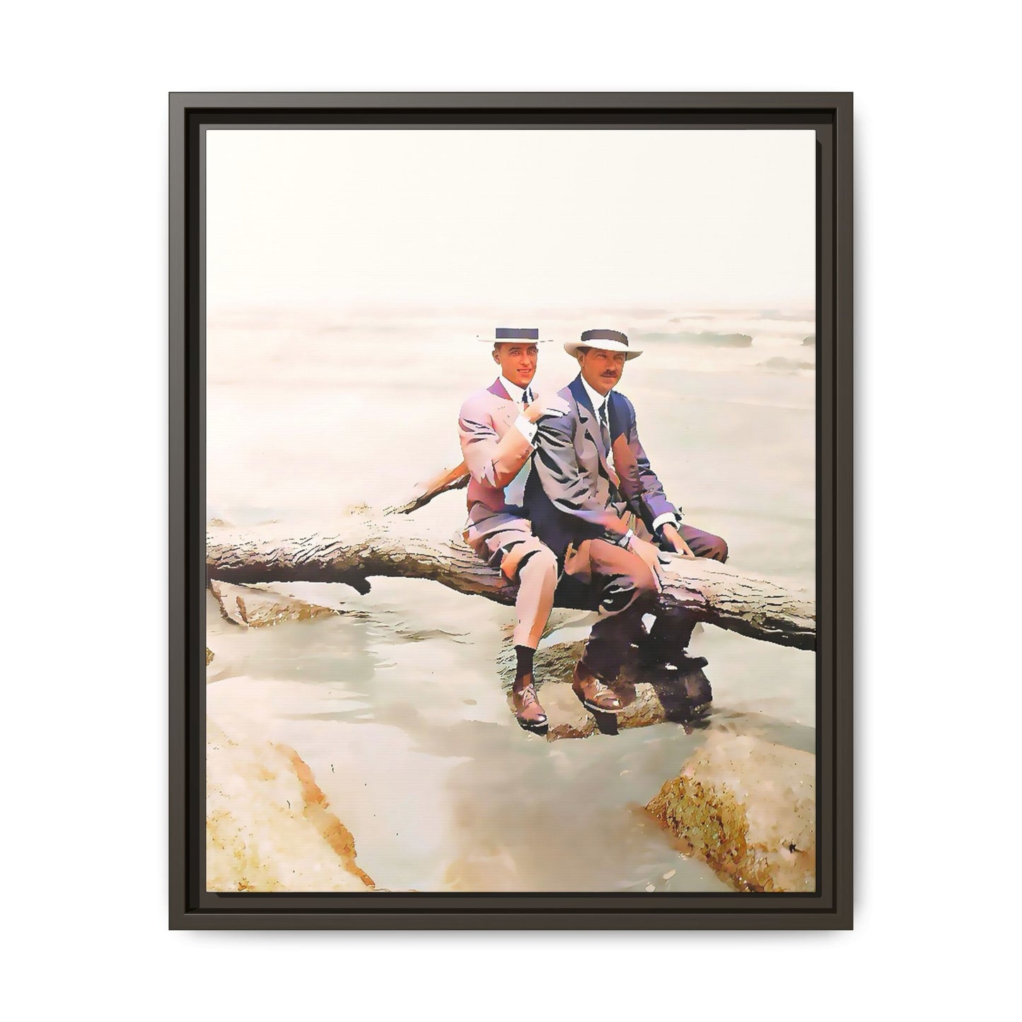 A restored vintage riverside portrait of Edward & Walter in Danbury, Connecticut. This framed matte canvas honors LGBTQ+ history, elegance, and timeless companionship. Gay Couple