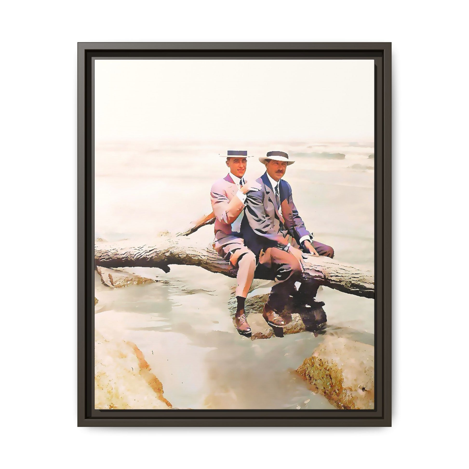 A restored vintage riverside portrait of Edward & Walter in Danbury, Connecticut. This framed matte canvas honors LGBTQ+ history, elegance, and timeless companionship. Gay Couple