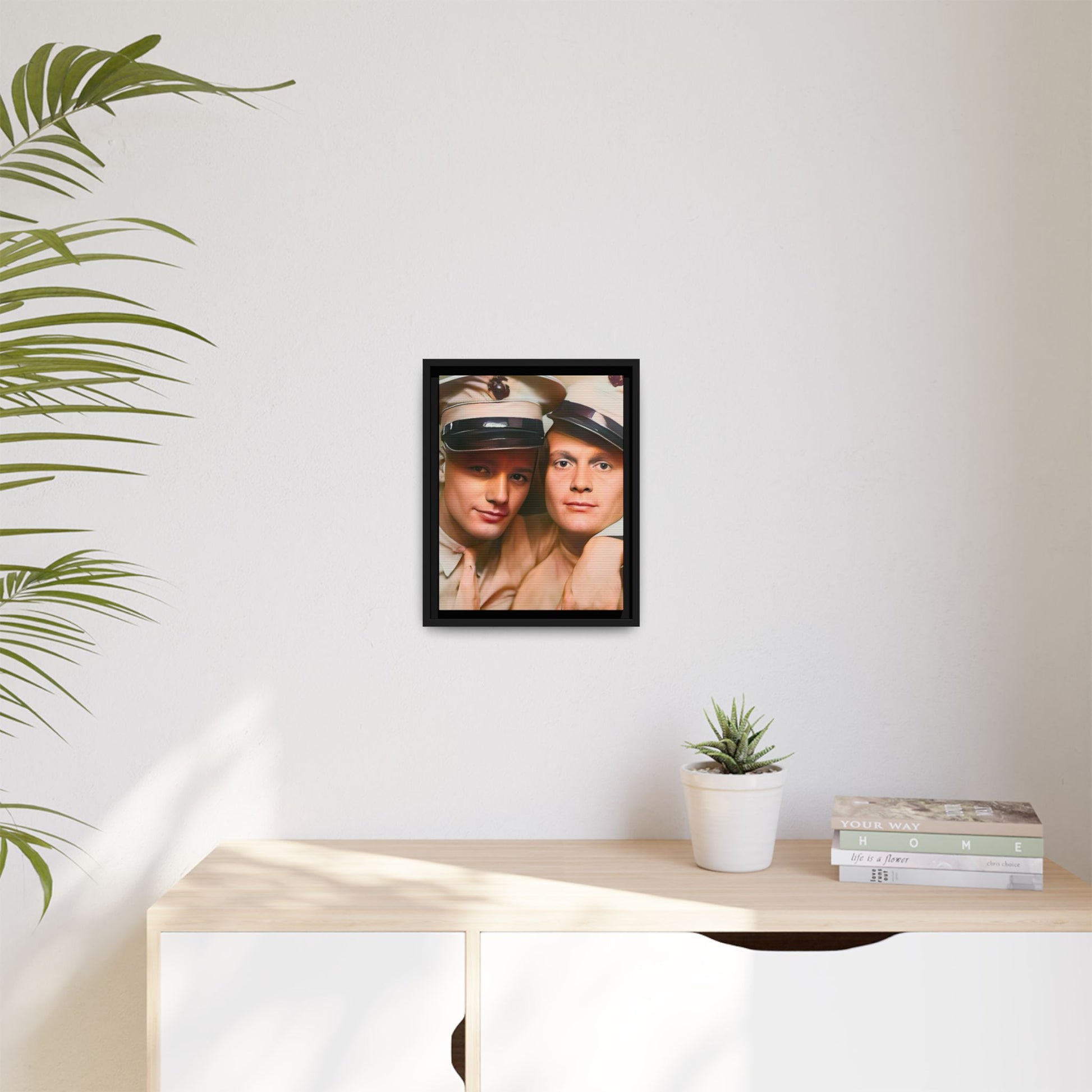Restored vintage photograph of Paul and Ralph, an early 20th-century LGBTQ+ military couple from Camp Atterbury, Indiana. Framed matte canvas print celebrating love, courage, and LGBTQ+ history. Gay Couple Photo Booth