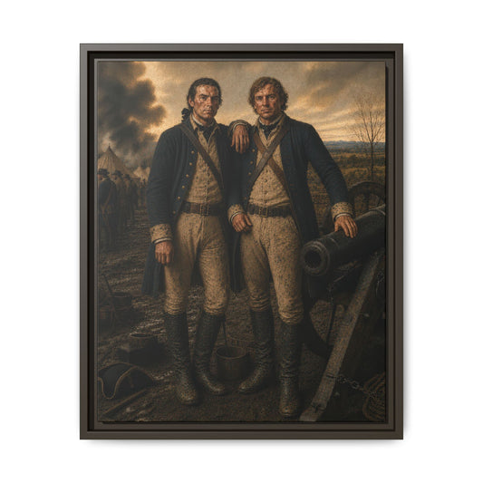 Museum-inspired historical canvas depicting Revolutionary War artillerymen near a field cannon and military camp.