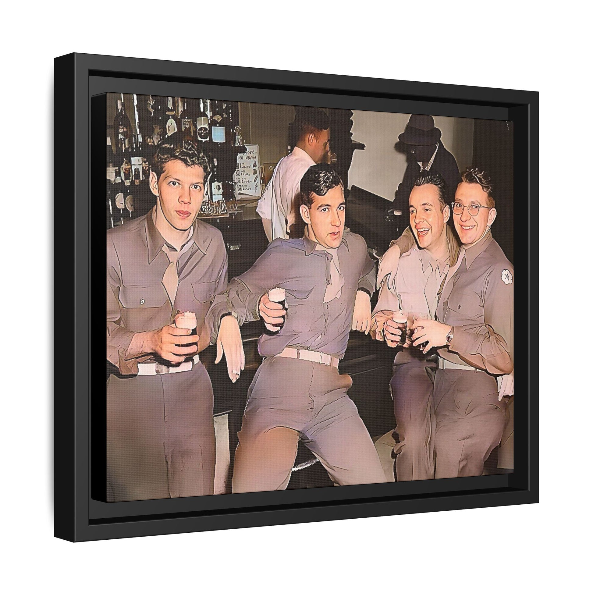 Restored vintage photograph of soldiers in uniform gathered at Jackson's gay bar in mid-20th century San Francisco. Framed matte canvas print celebrating camaraderie, resilience, and LGBTQ+ history