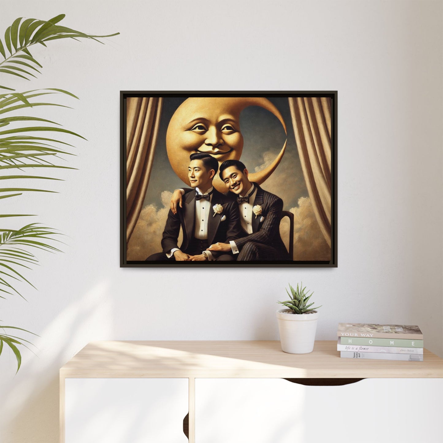 Vintage-inspired artwork of a romantic gay Asian couple in tuxedos sitting affectionately beneath a smiling crescent moon prop, surrounded by vintage stage curtains and dreamy clouds. A reclaimed queer narrative from the Man In The Moon series.