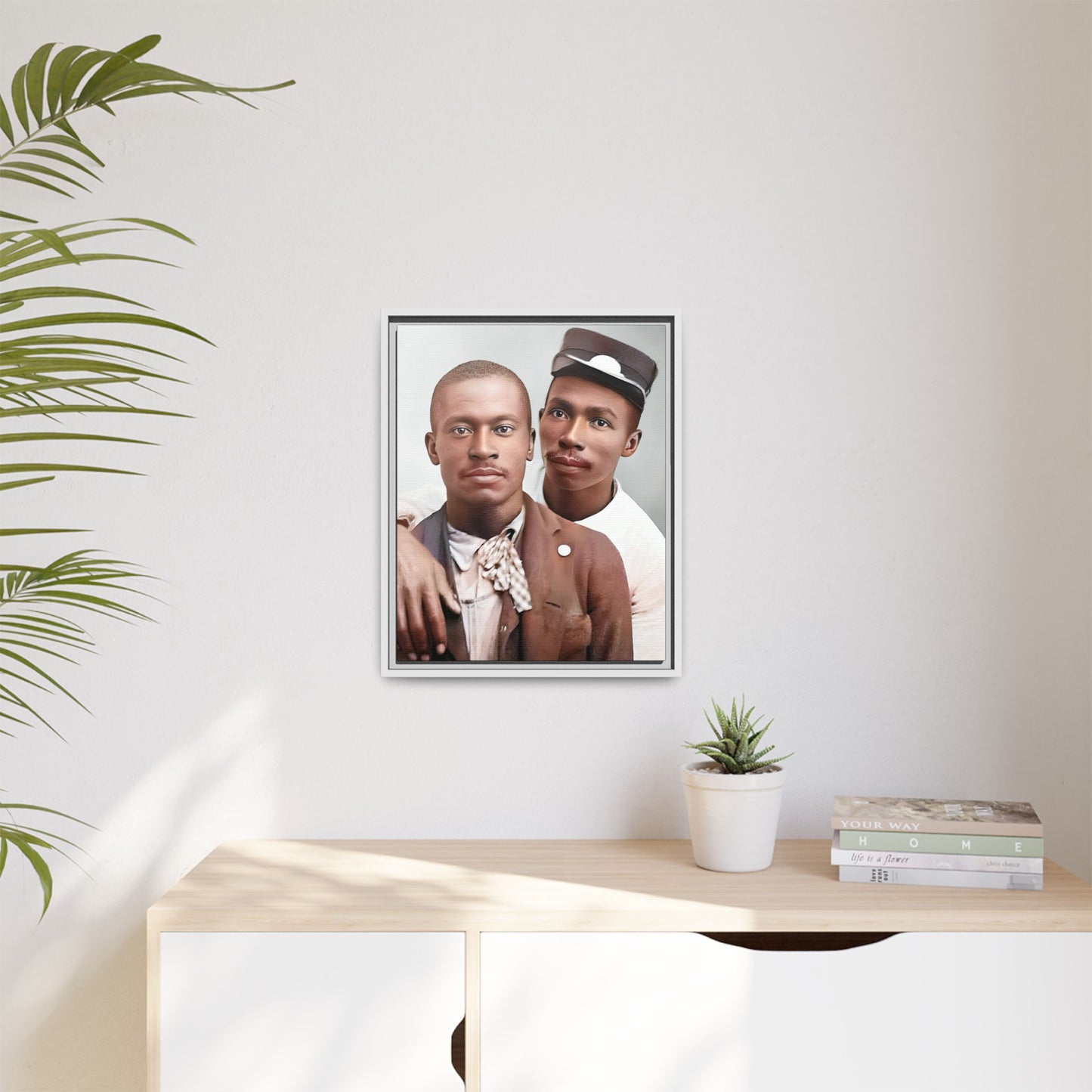 A restored vintage portrait of Willie & Louis at Metro-North Railroad in Harlem, New York. This framed matte canvas celebrates LGBTQ+ history, African American heritage, and timeless love. Gay Couple