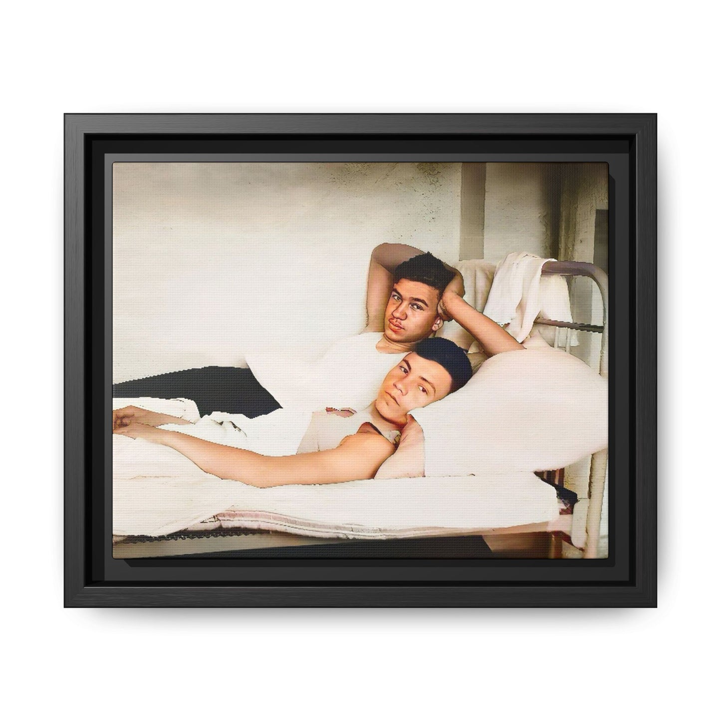 A vintage Gay couple portrait of Vernon & Jesse in Portland, Maine. This framed canvas print captures an intimate and heartfelt moment, making it a timeless addition to any home decor or a meaningful gift celebrating love and history.