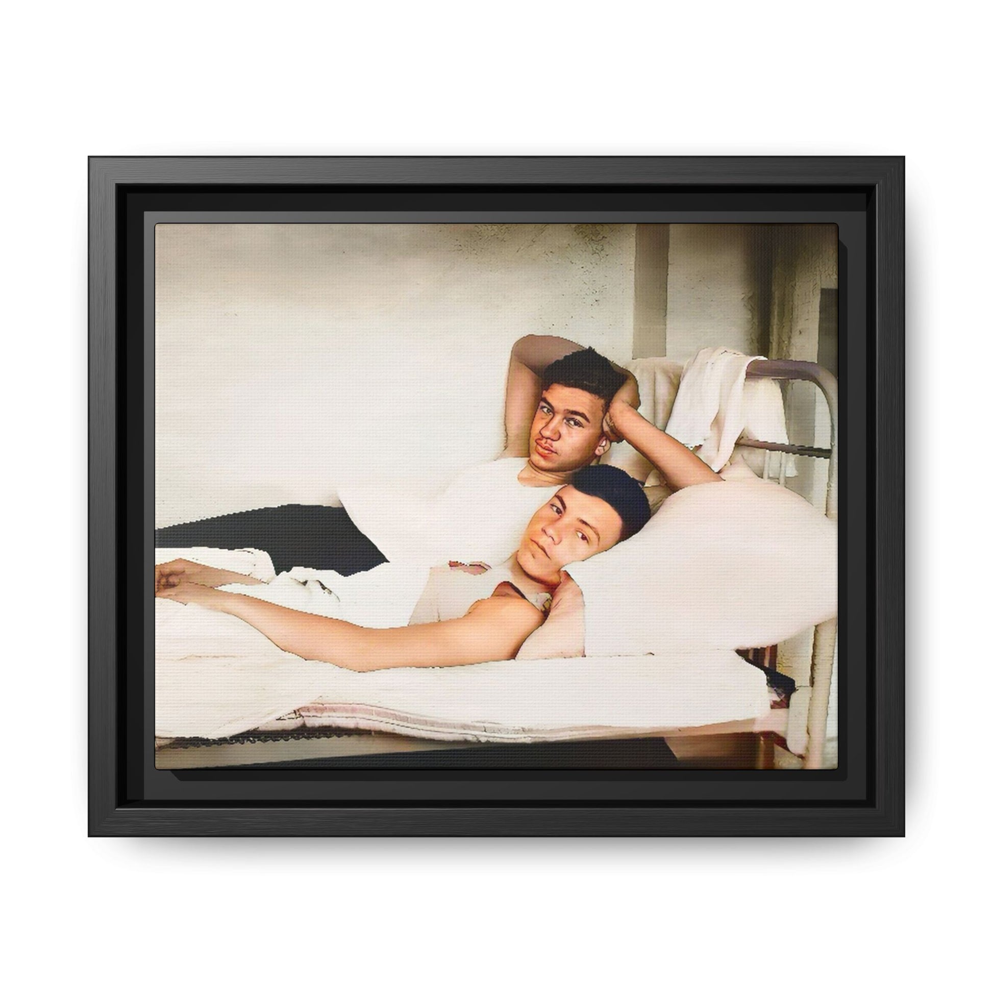 A vintage Gay couple portrait of Vernon & Jesse in Portland, Maine. This framed canvas print captures an intimate and heartfelt moment, making it a timeless addition to any home decor or a meaningful gift celebrating love and history.