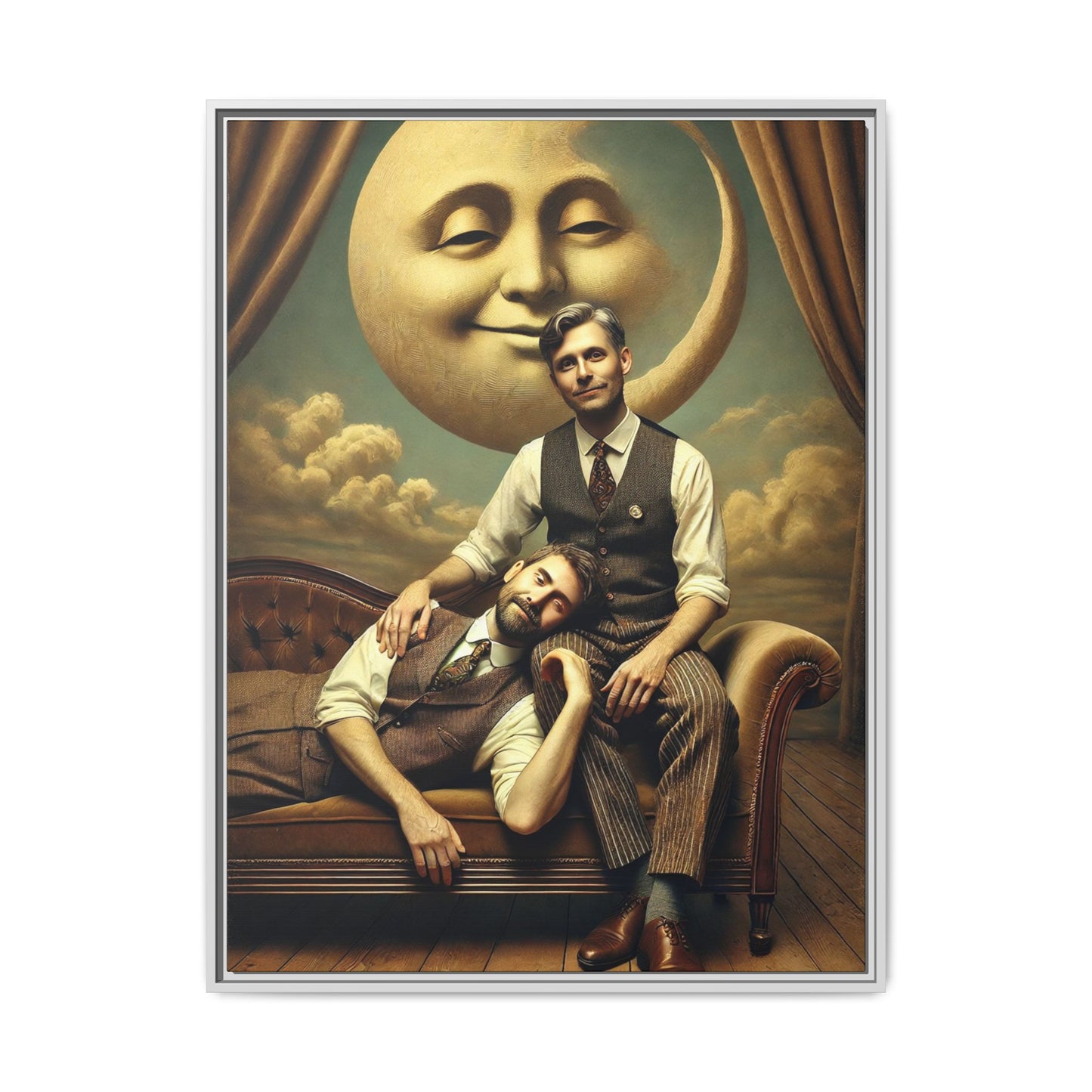 Vintage-style artwork of two men in 1920s clothing sitting close, one resting his head on the other’s lap beneath a smiling moon. Surrounded by theatrical curtains and clouds, this original piece honors lost queer love and challenges historical erasure with tenderness and pride.