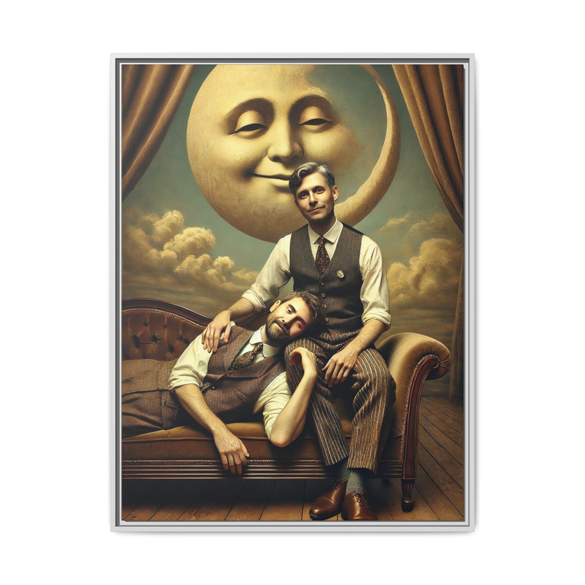 Vintage-style artwork of two men in 1920s clothing sitting close, one resting his head on the other’s lap beneath a smiling moon. Surrounded by theatrical curtains and clouds, this original piece honors lost queer love and challenges historical erasure with tenderness and pride.