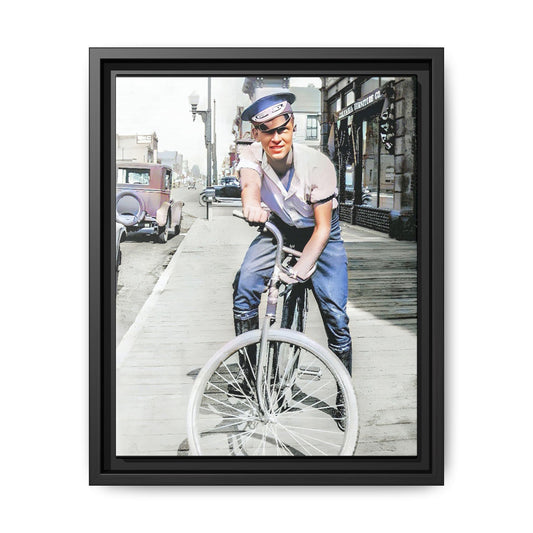 A framed vintage portrait on matte canvas featuring Cecil in Elk City, Oklahoma, capturing the spirit of 1930s small-town Americana. Classic Bicycle Photo