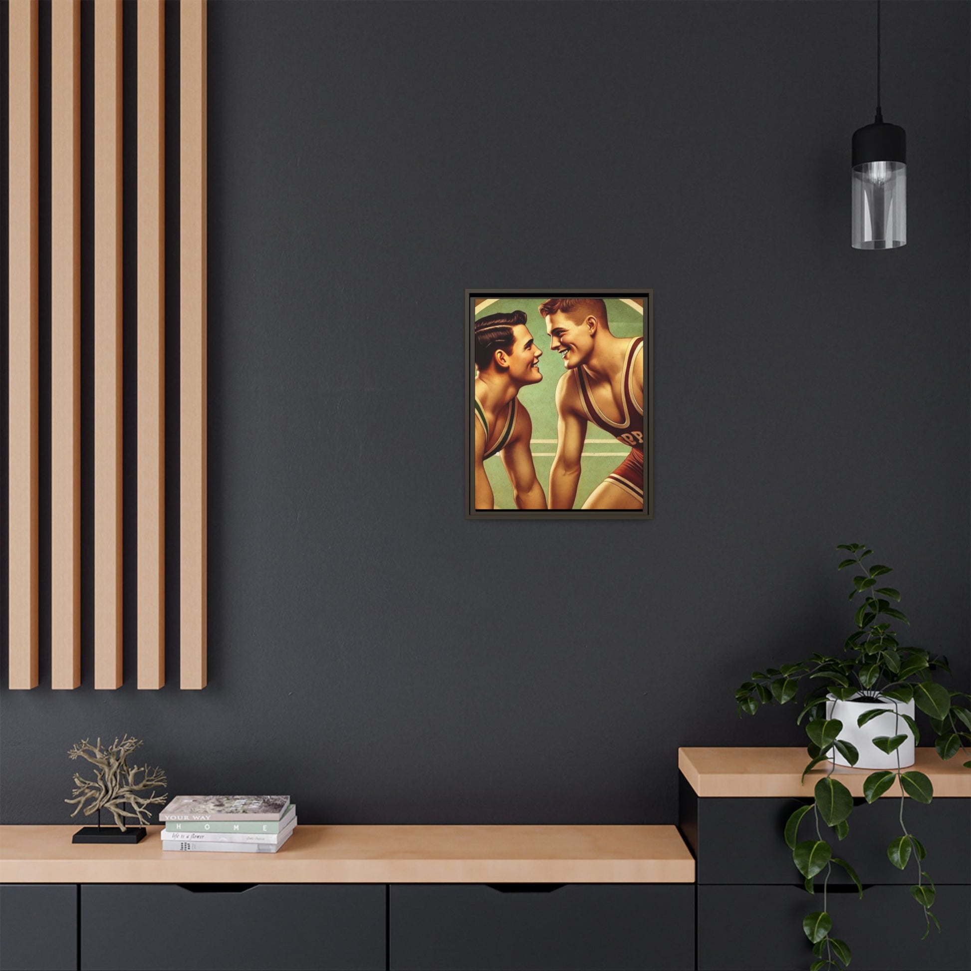 Framed artwork of two young wrestlers in vintage singlets on a stylized mat, inspired by Grant Wood's nostalgic Americana style.