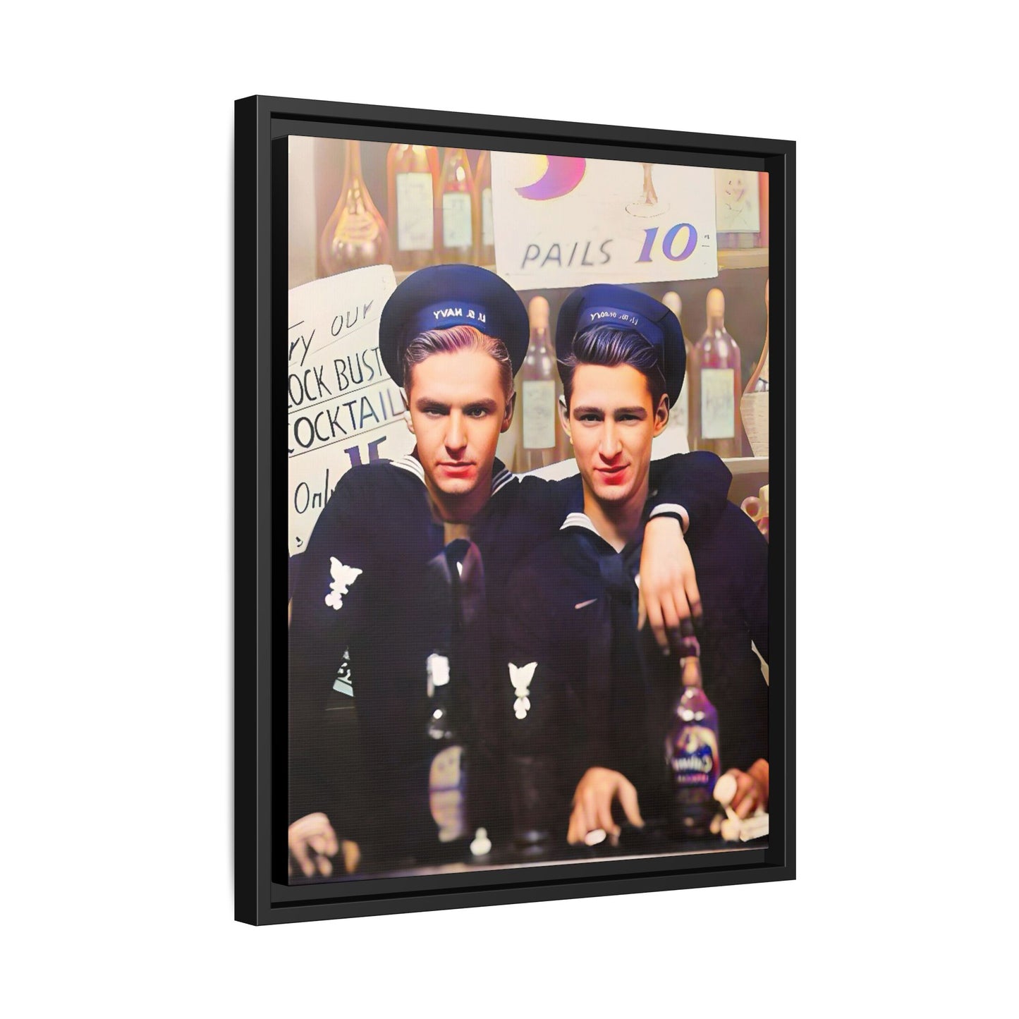 A restored vintage naval portrait of Leo & Vincent, two sailors at Norfolk Naval Station. This framed matte canvas captures LGBTQ+ history, camaraderie, and resilience in a timeless moment. Gay Couple