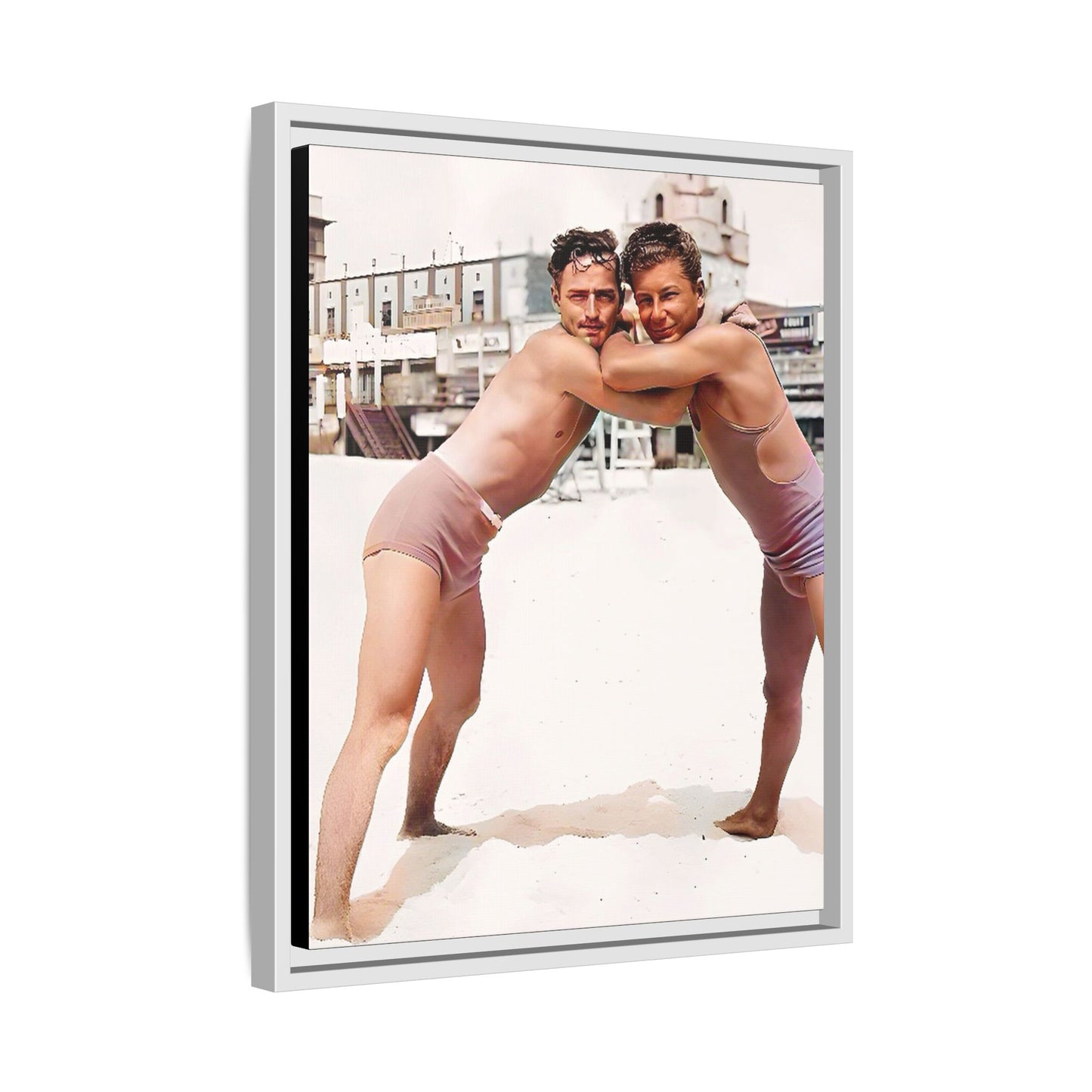A vintage LGBTQ+ beach photo of Kenneth and Herman in Atlantic City, celebrating summer love and nostalgia. This restored and colorized canvas print captures the joy of seaside romance, making it a perfect addition to any vintage decor collection.